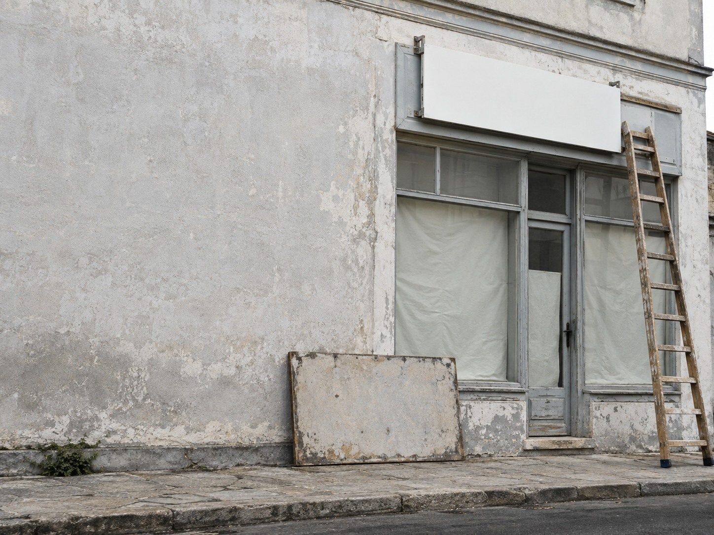 A shopfront with a new sign going up on a ladder while the old sign rests against the wall below.