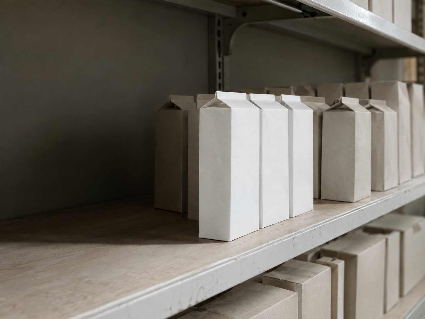 A grocery shelf with rows of similar cartons, one row set slightly apart with a plainer design.