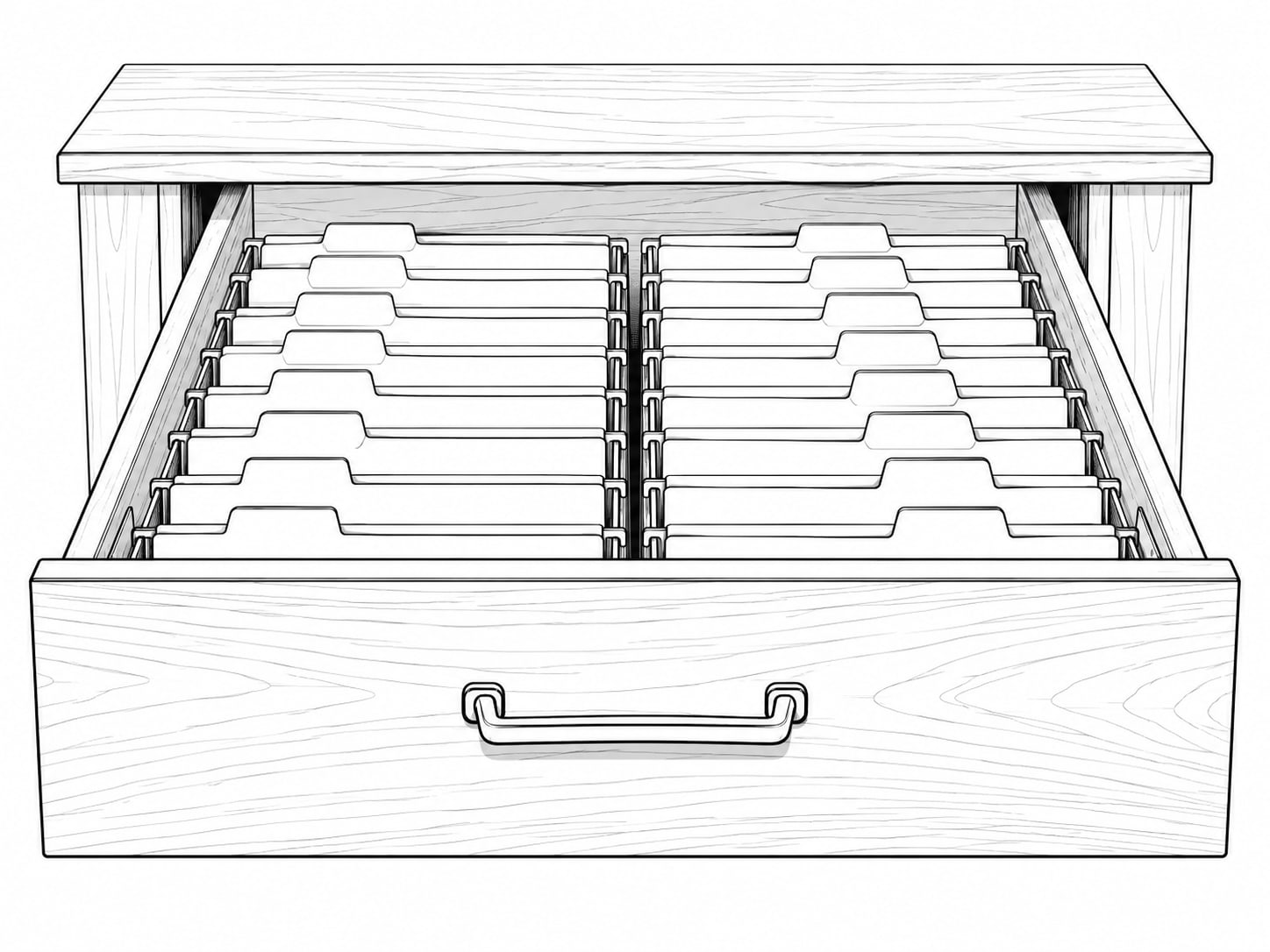 A wooden desk drawer pulled open to show neat rows of labeled folders, with the labels left blank.