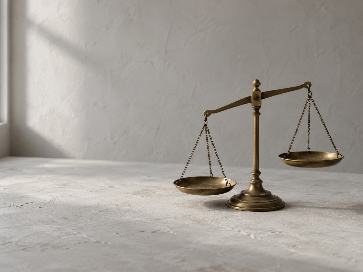A small set of brass scales on a bare table with one empty dish tilted lower than the other.