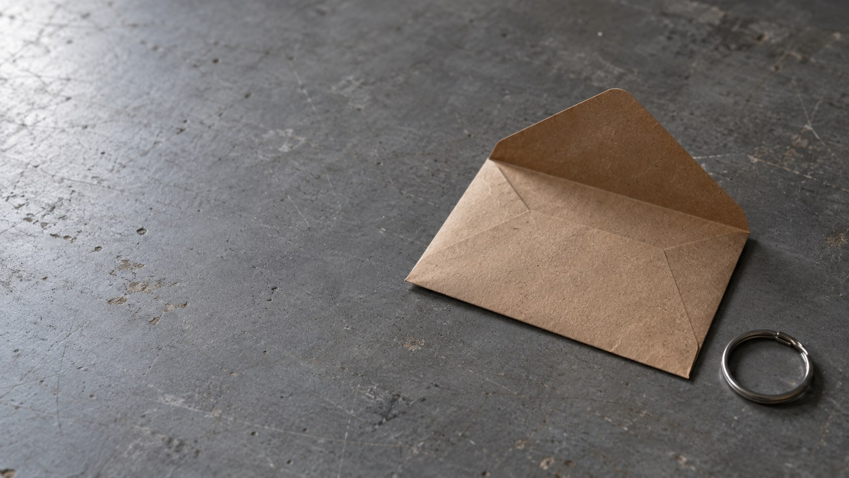 A single brown paper envelope with its flap open, resting on a plain gray table beside a closed metal key ring.
