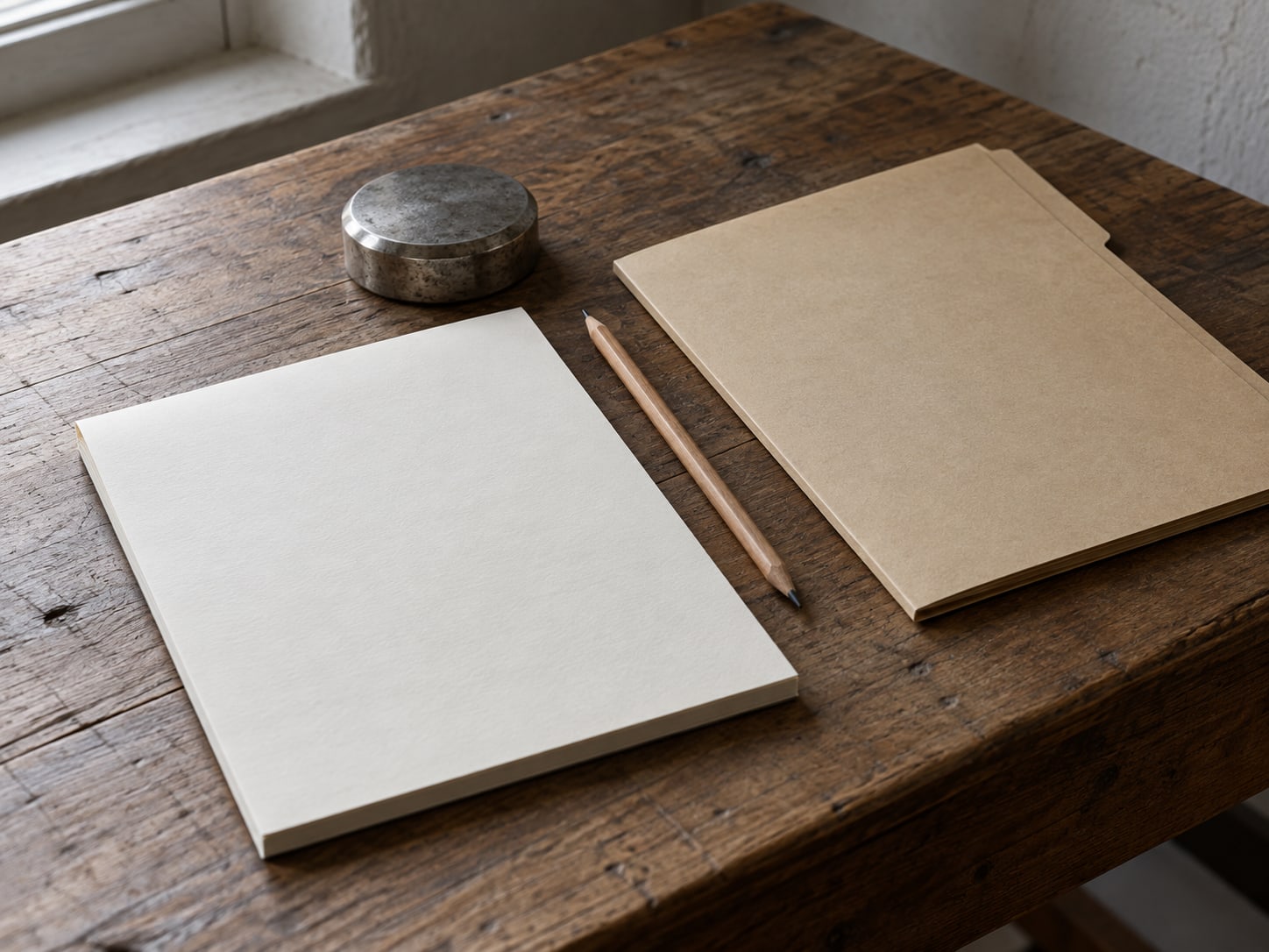 A wooden desk with a blank notepad, a pencil, a paperweight and a closed folder squared neatly beside them.