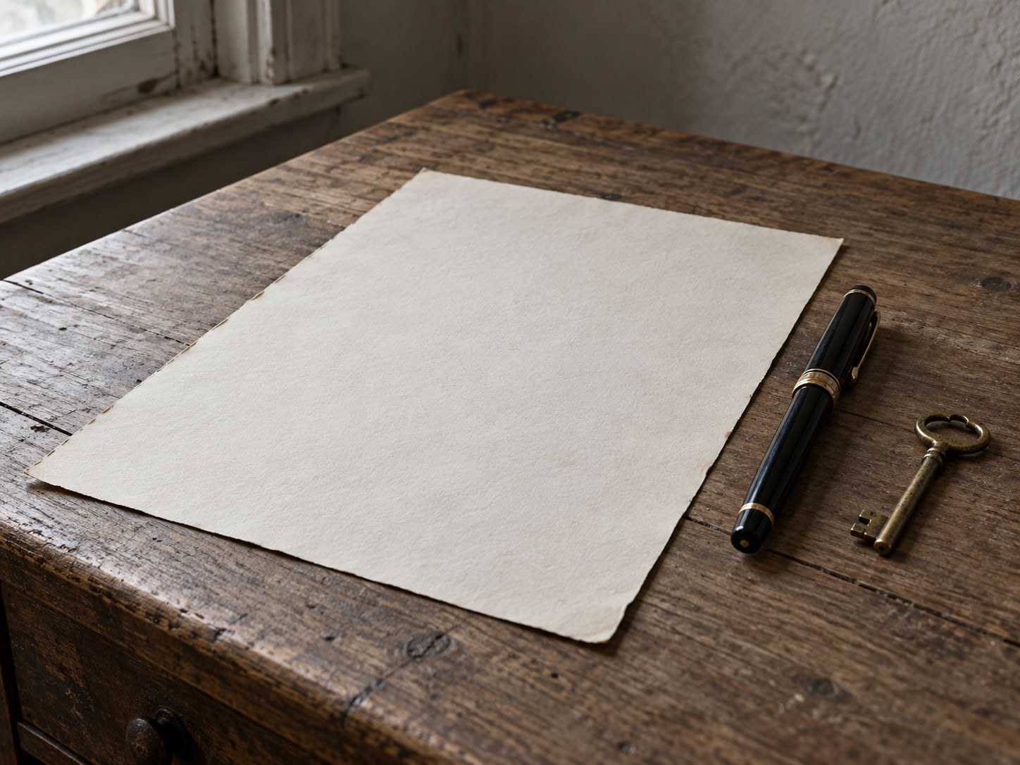 An unsigned blank contract lying beside a closed pen and a small brass key on a plain desk.
