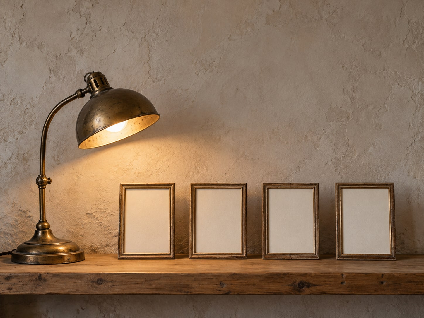 A single lit desk lamp shining on a row of four framed blank cards standing upright on a shelf.