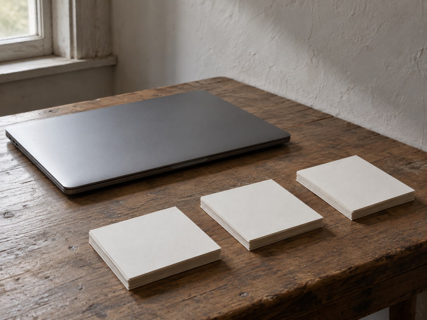 A closed laptop beside a small stack of blank index cards sorted into three separate piles on a wooden desk.