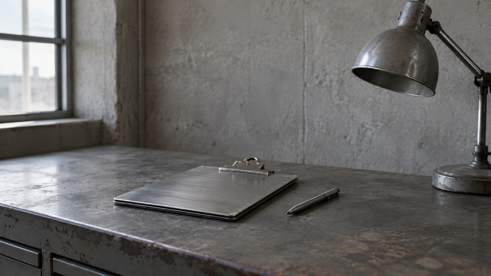 A closed metal clipboard and a pen on a worn service counter beside an unlit shop lamp.