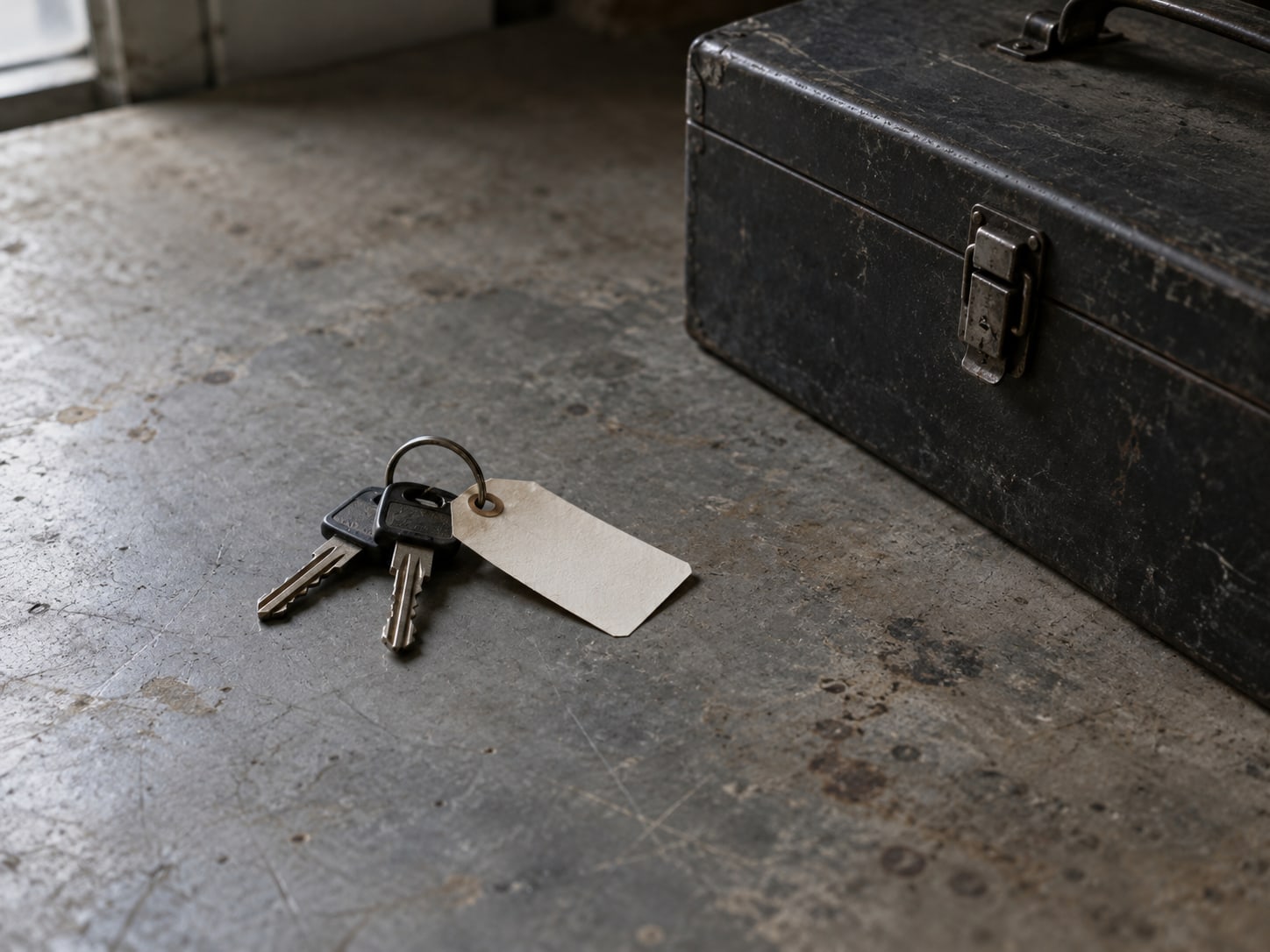 A ring of car keys with a blank paper tag lying on a worn workshop counter beside a closed toolbox.