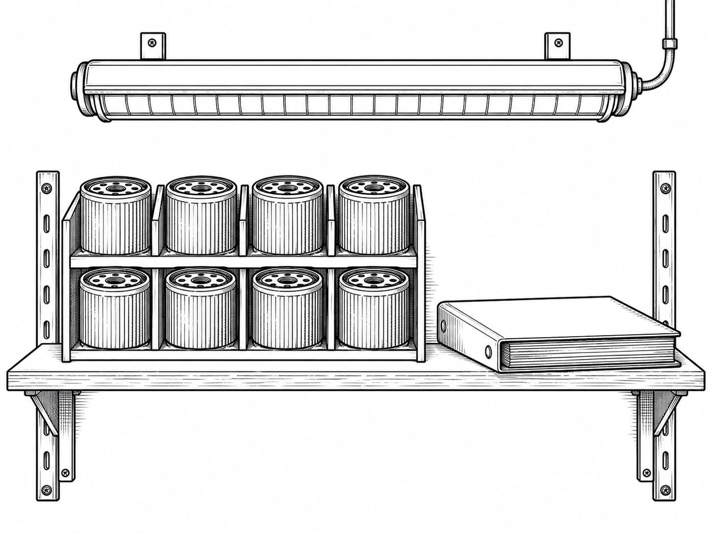 A tidy wall rack of unmarked oil filters and a closed binder on a shop shelf under an unlit work light.
