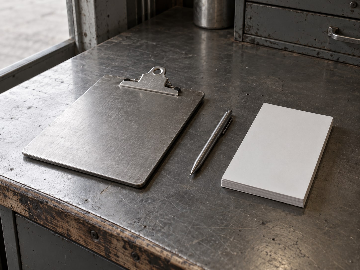 A closed metal clipboard and a pen resting on a service counter beside a stack of unmarked blank work-order pads.