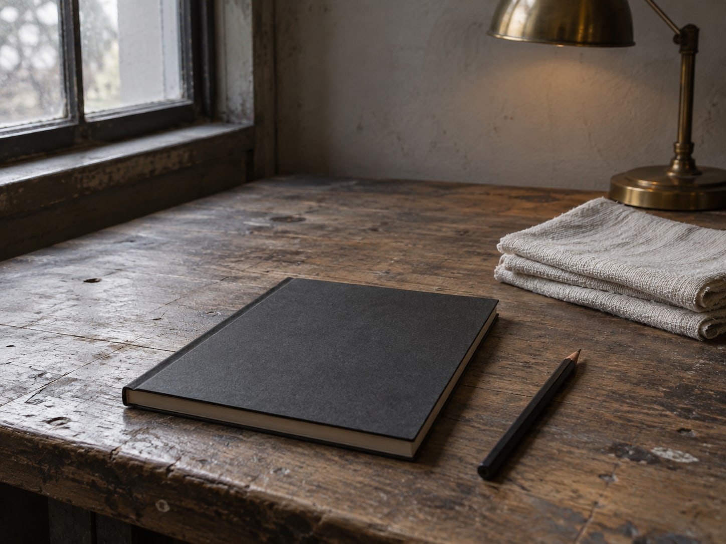 A closed notebook and a pencil on a shop desk beside a stack of folded shop towels under a warm lamp.