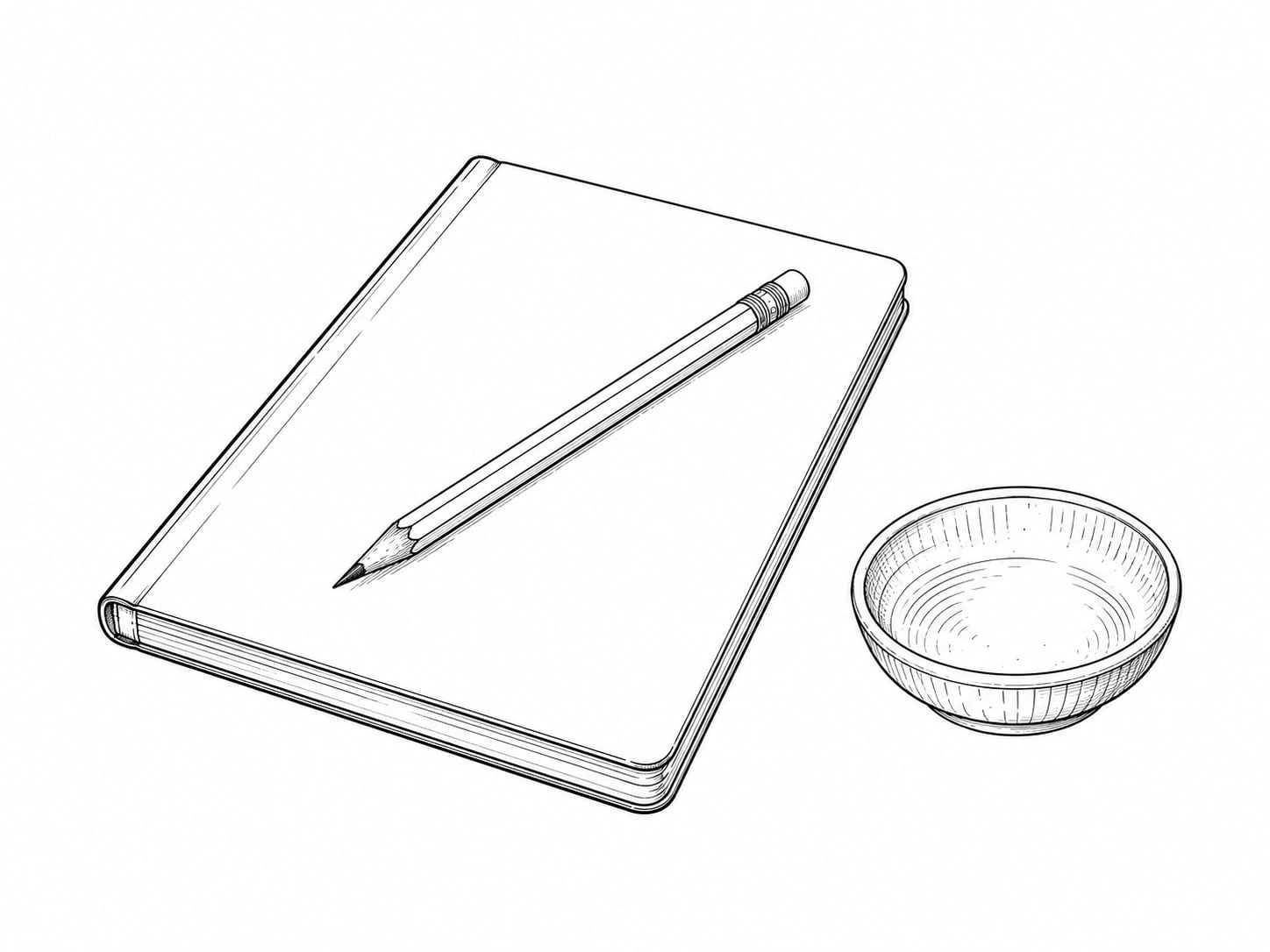 Un cuaderno cerrado con un lápiz encima y un pequeño plato de cerámica a su lado sobre una mesa con luz suave de ventana.