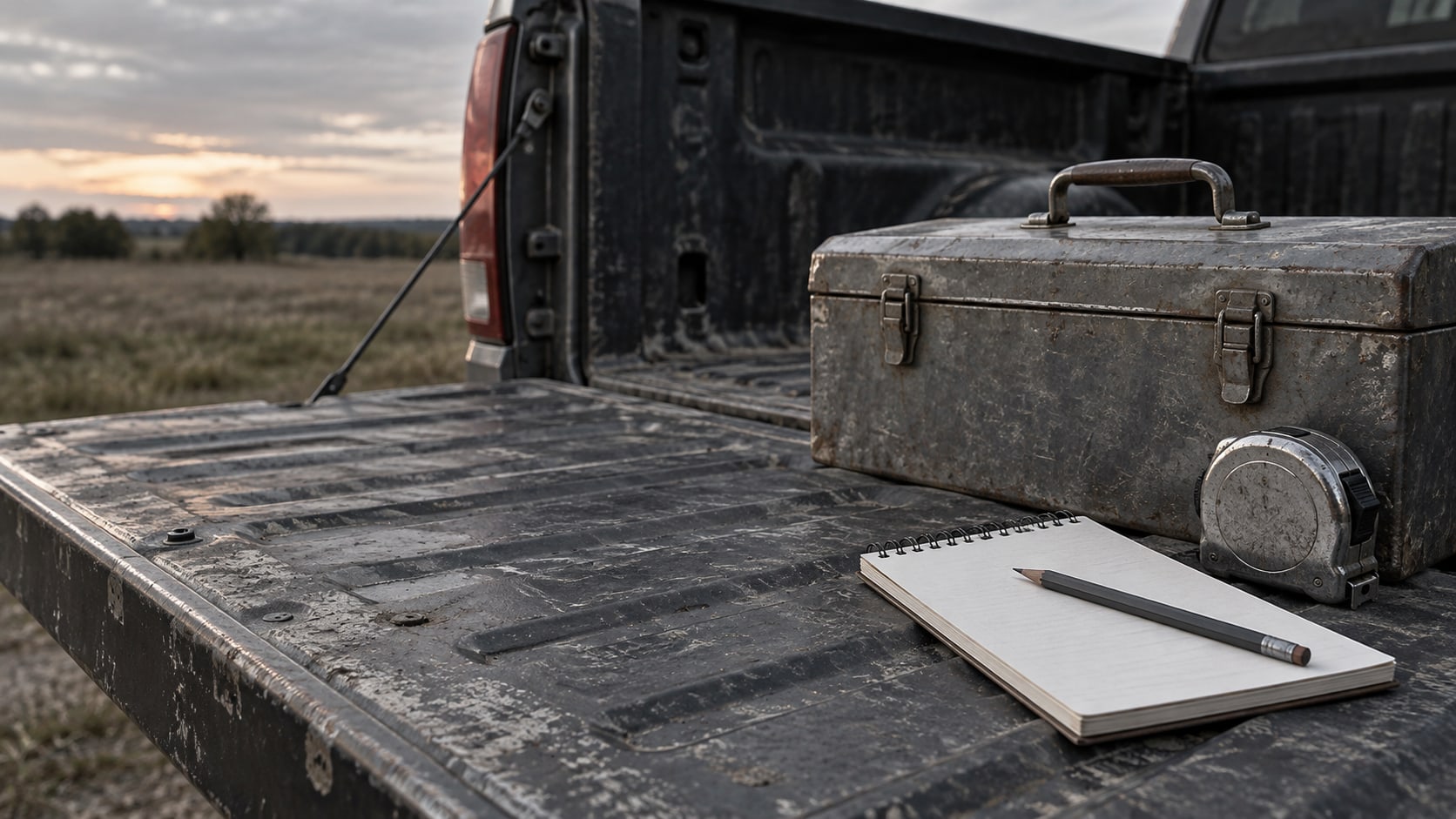 A closed toolbox, a coiled tape measure and a blank notepad with a pencil resting on the tailgate of a work truck in soft evening light.