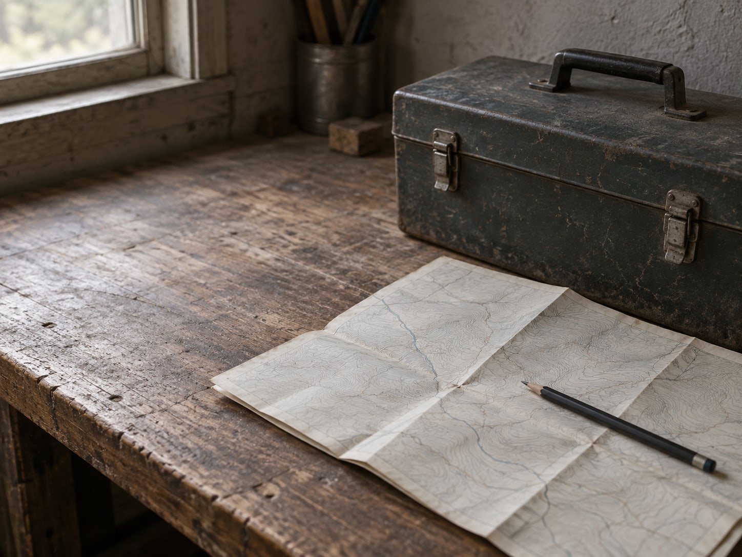 A folded paper map and a pencil resting on a workbench beside a closed toolbox, lit by morning light.