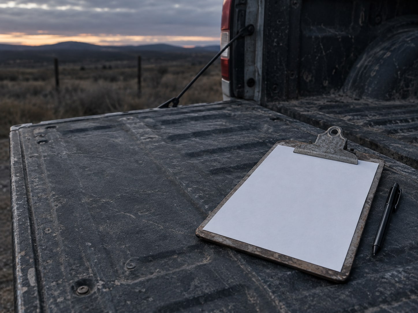 A clipboard with a blank sheet of paper and a pen lying on the tailgate of a work truck at dusk.
