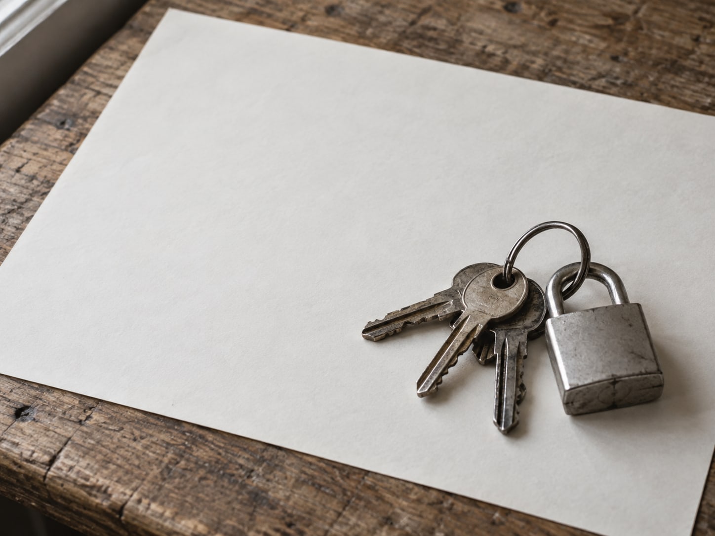 A ring of keys and a small padlock resting on a sheet of blank paper on a wooden desk.