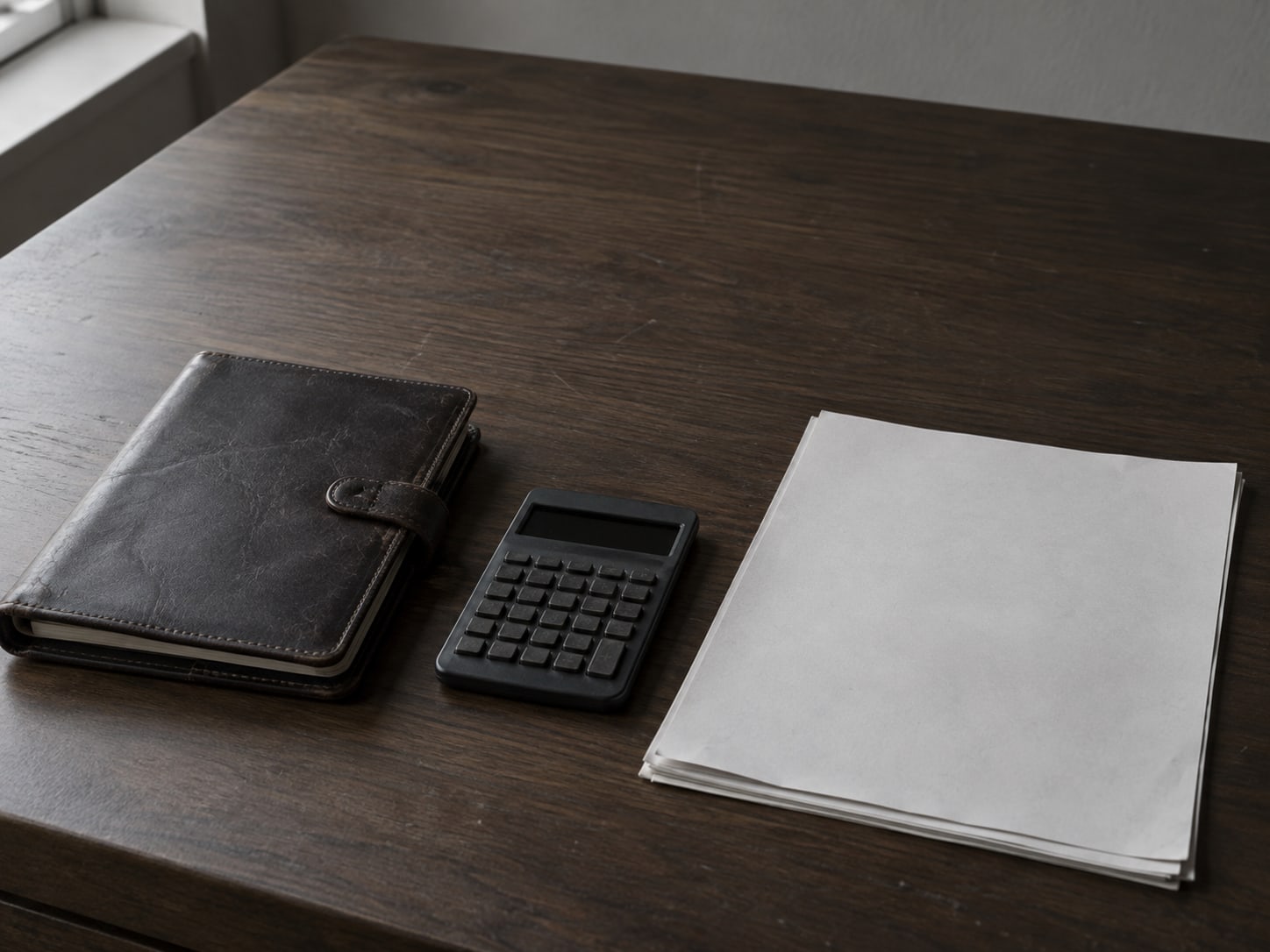 A closed leather planner, a basic calculator with its display dark, and a stack of blank invoices on a walnut desk.