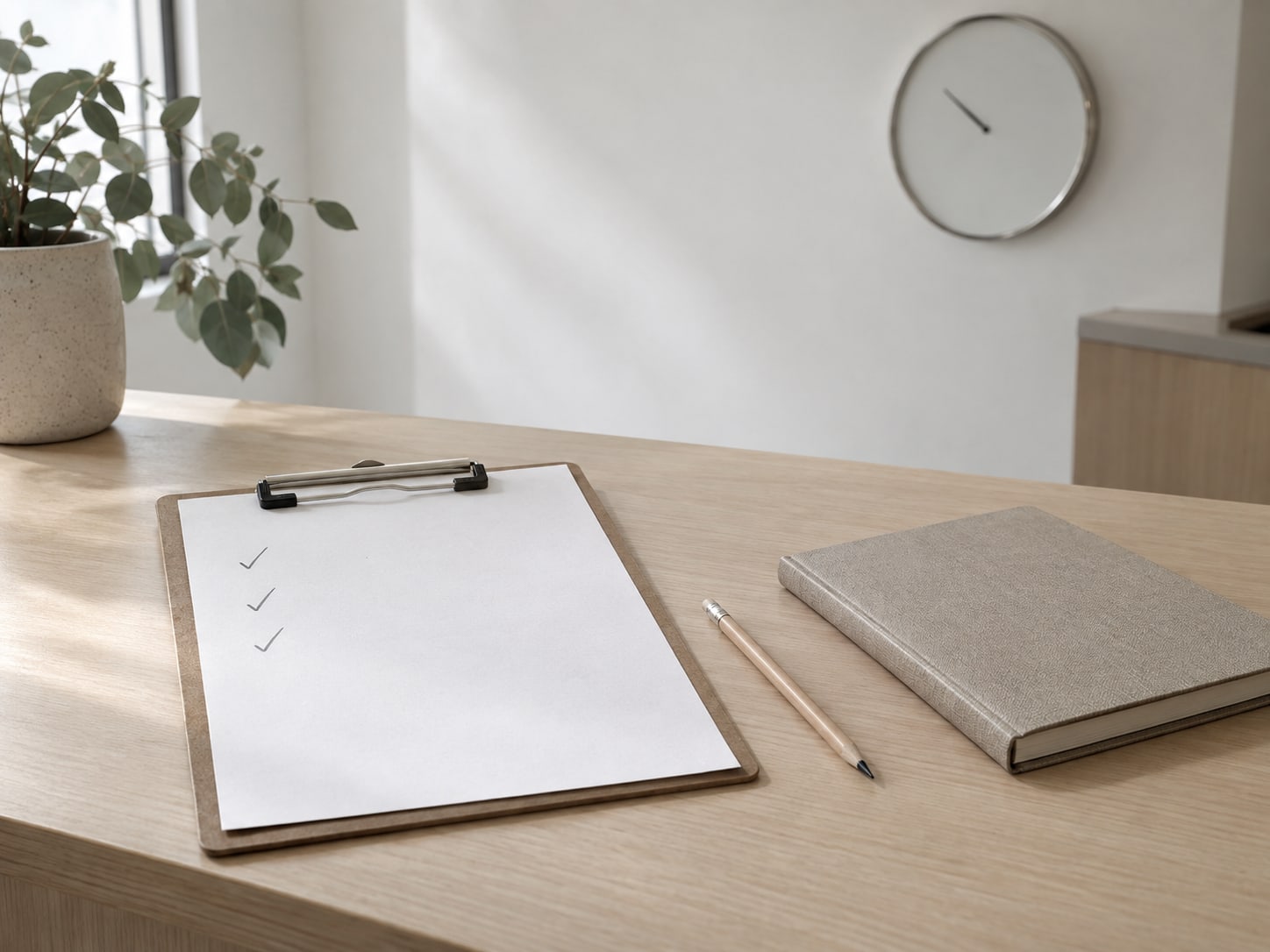 A clipboard holding a blank checklist with pencil ticks, a wall clock and a closed appointment book on a clinic reception desk.
