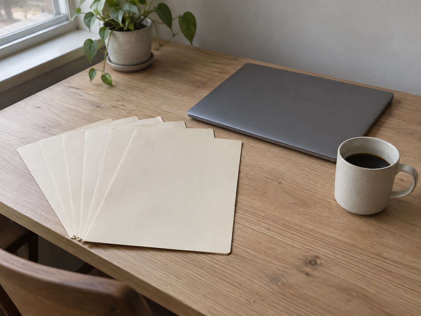 Six empty manila folders fanned out across a light oak desk next to a closed laptop and a cup of coffee.