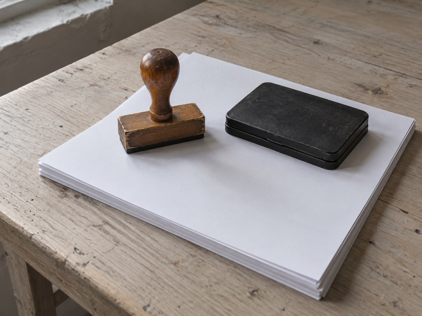 A rubber stamp and closed ink pad resting on a plain white paper stack.