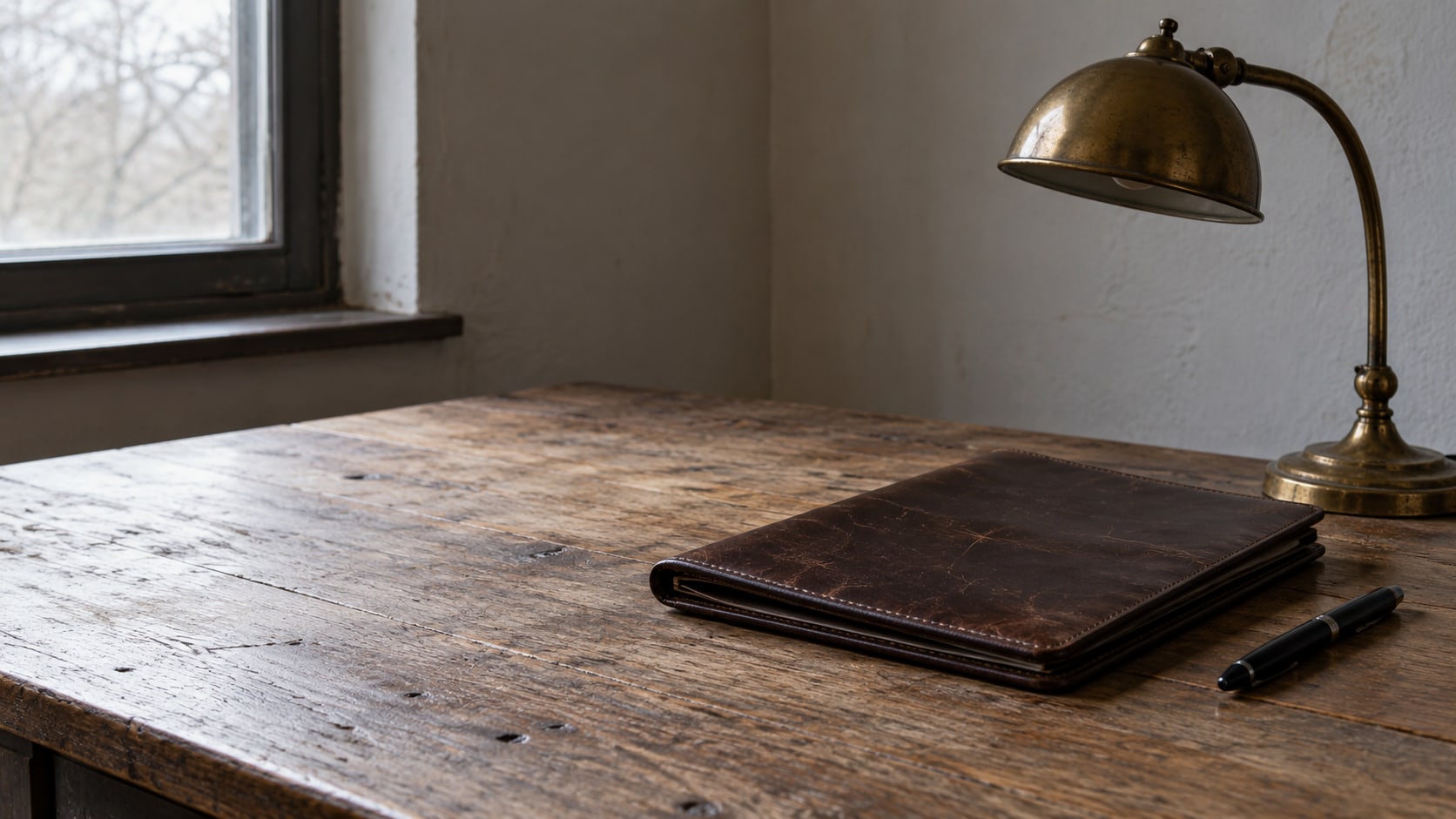 A closed leather folder, a capped pen and a small brass desk lamp on a quiet wooden desk.