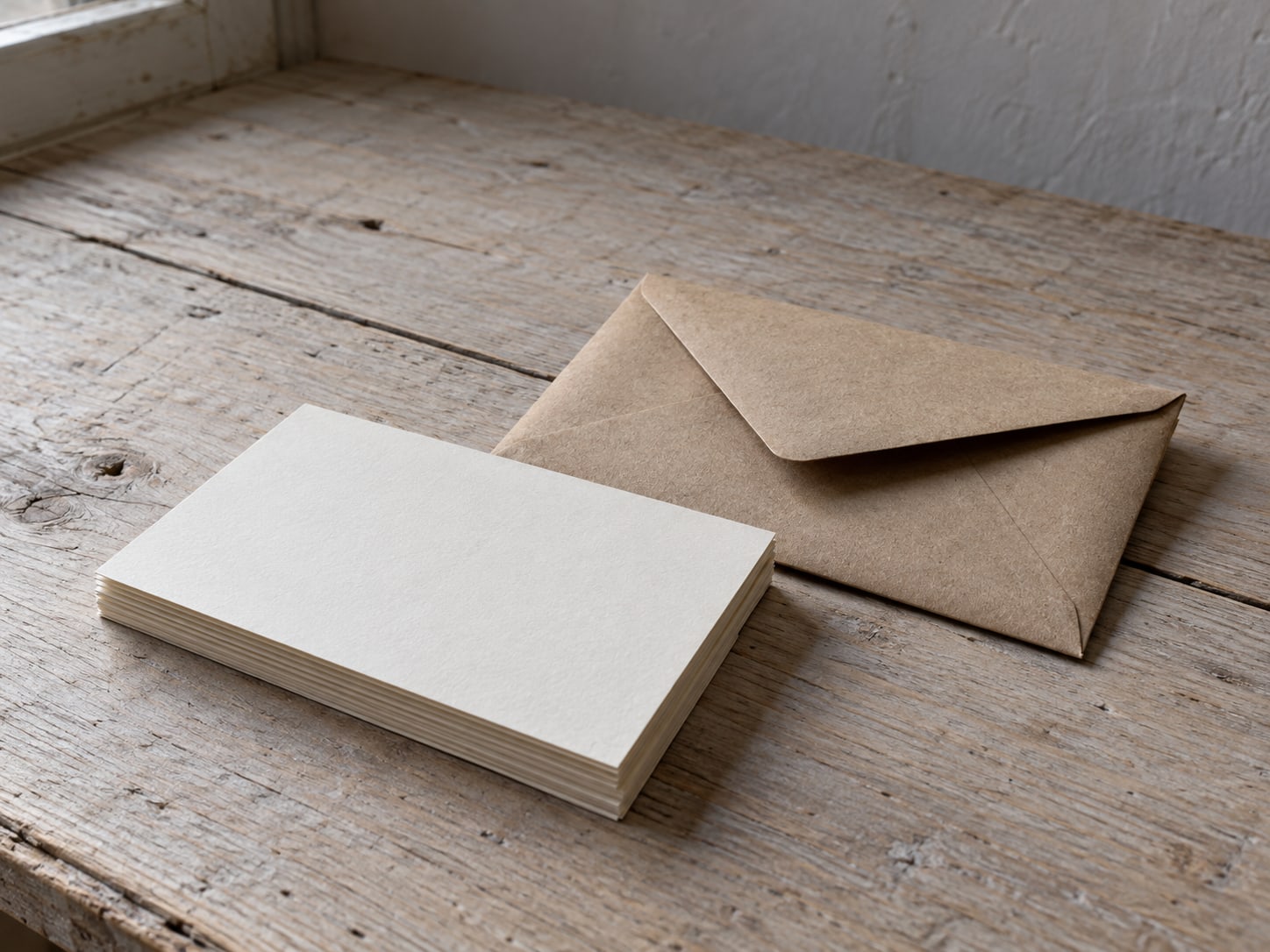 A small stack of plain blank cards beside a sealed envelope on a bare table.