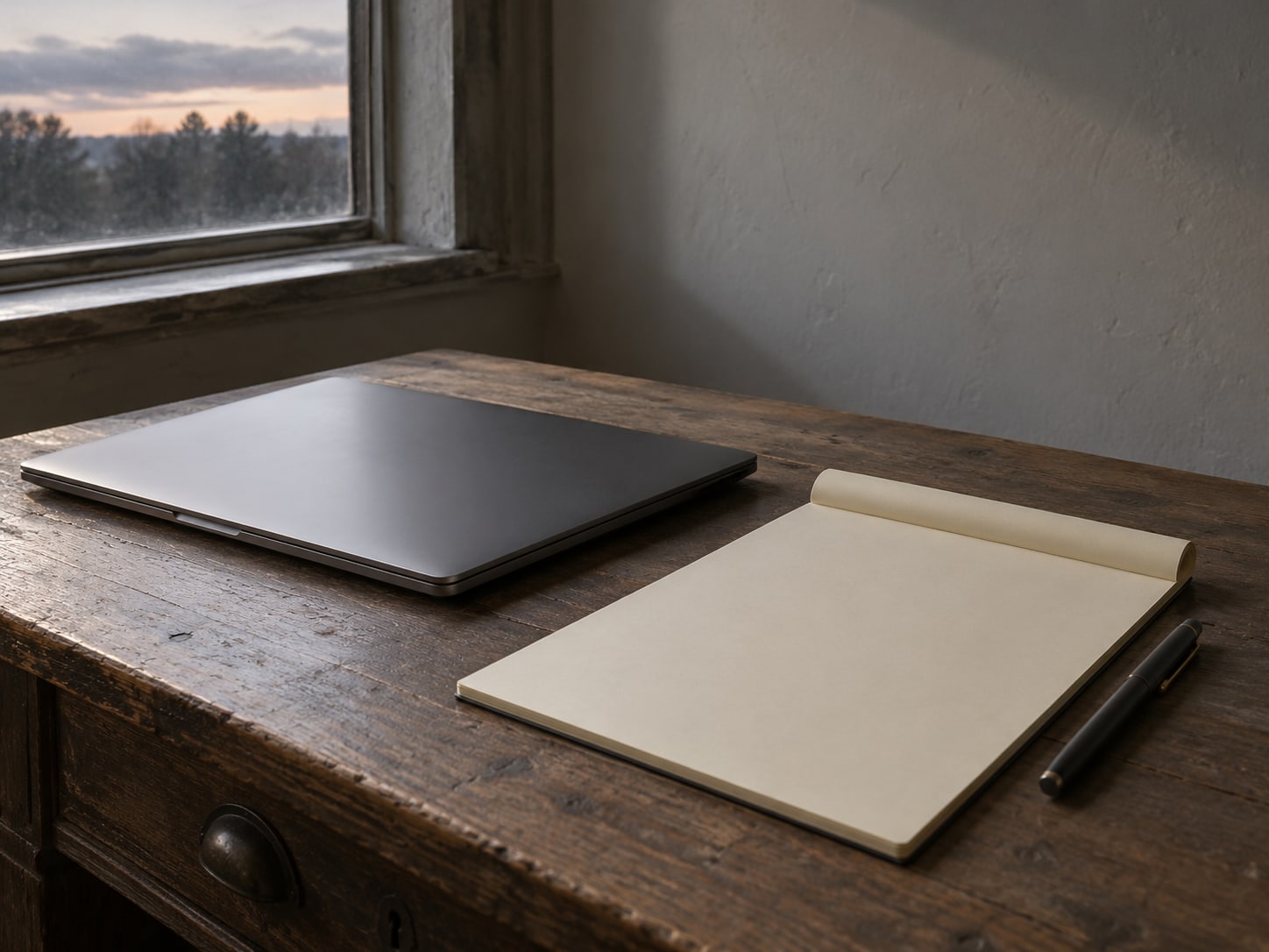A closed laptop and a blank legal pad with a capped pen on a wooden desk in late evening light.