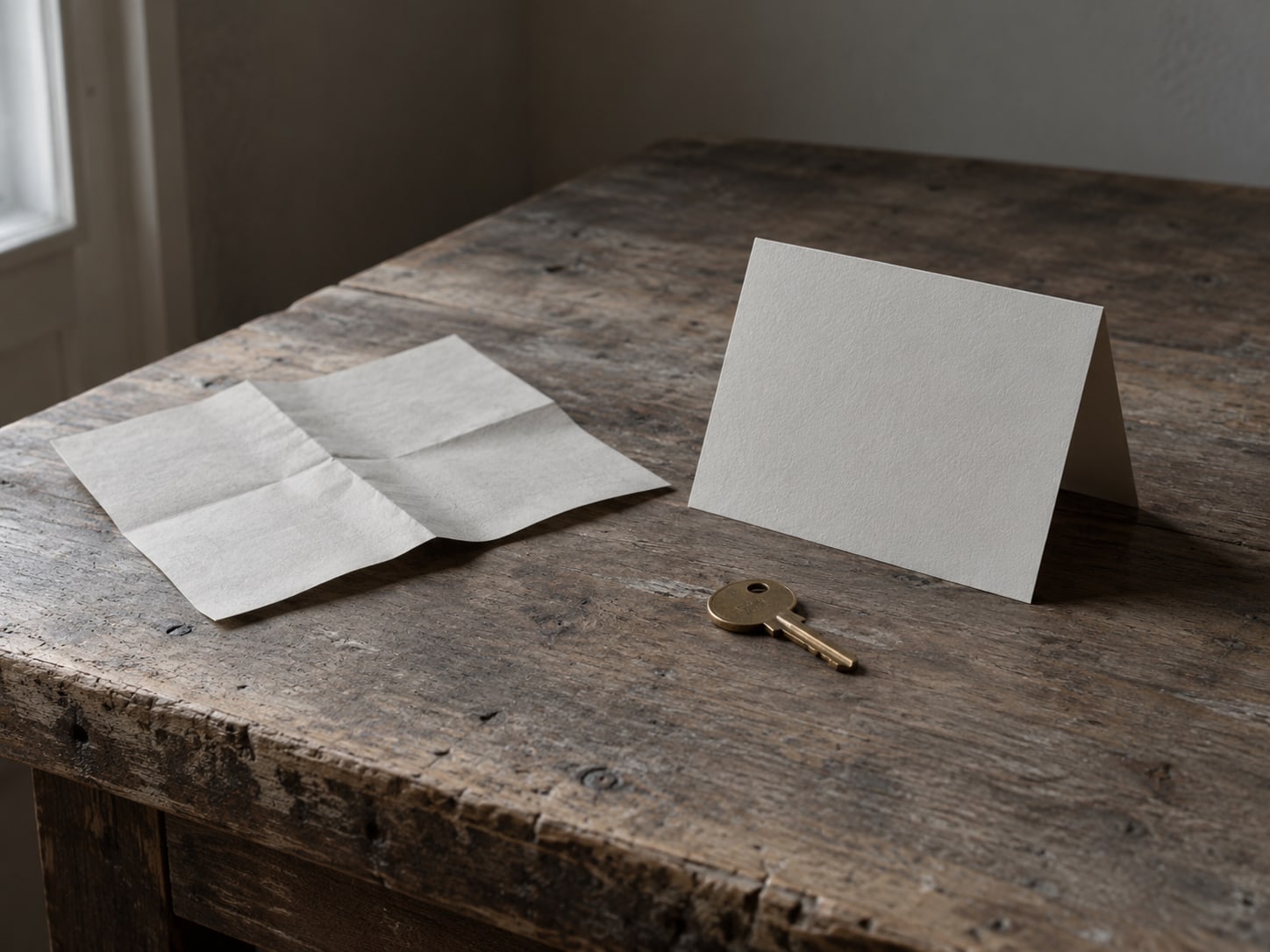 A small brass key and a folded paper map beside a blank greeting card on a wooden table.
