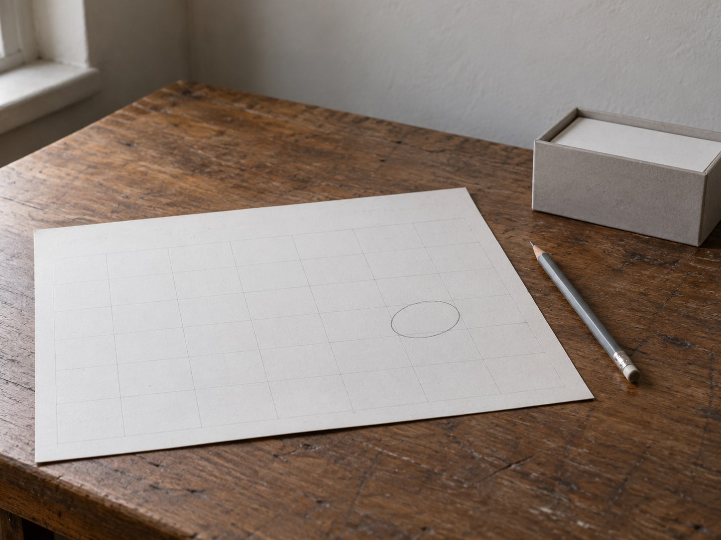 A wall calendar page with a single circled day, a pencil and a plain index card box on a tidy desk.