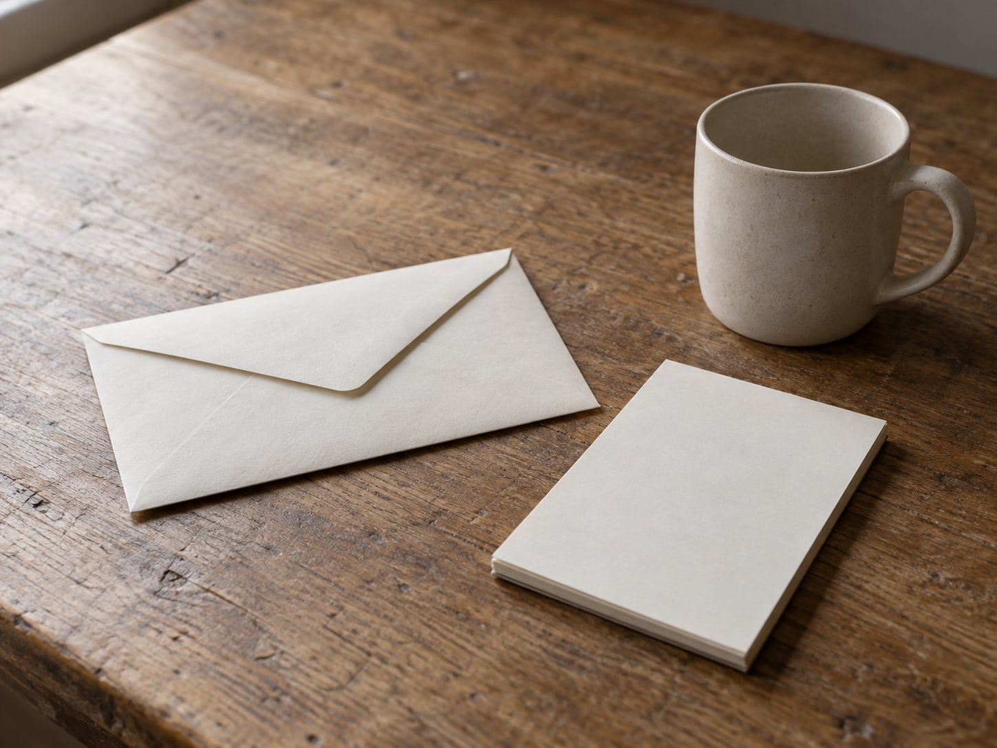 A single closed envelope and a blank notepad beside a ceramic mug on a plain desk, lit by a window.