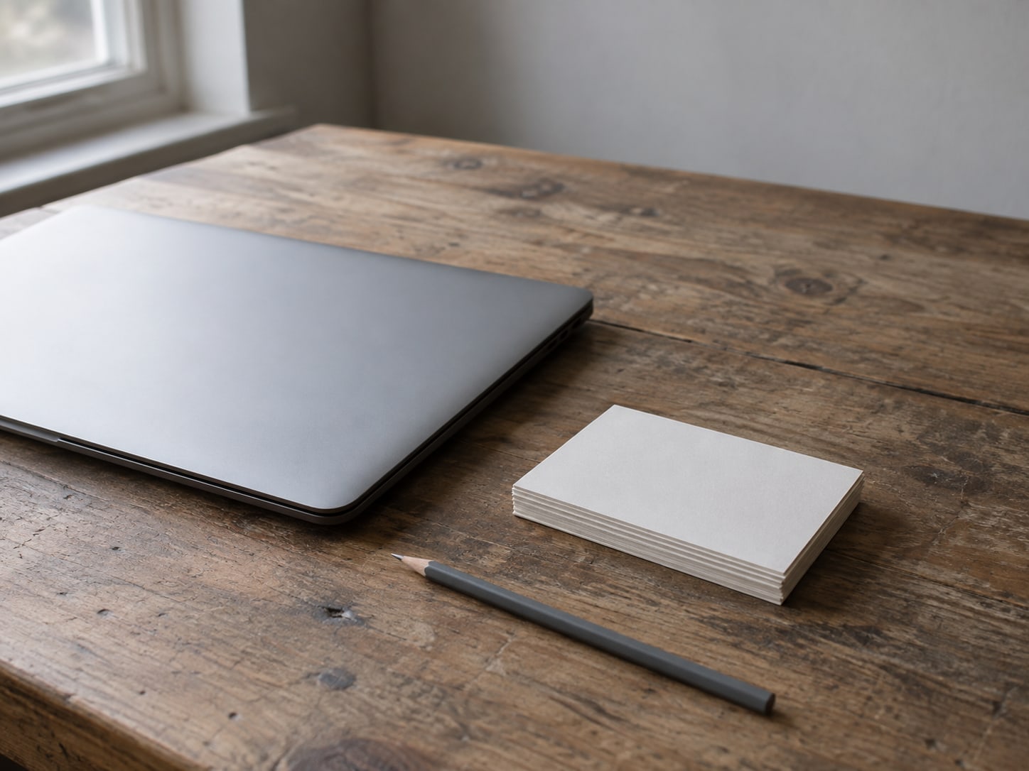 A closed laptop beside a small stack of blank index cards and a pencil on a worn wooden desk.
