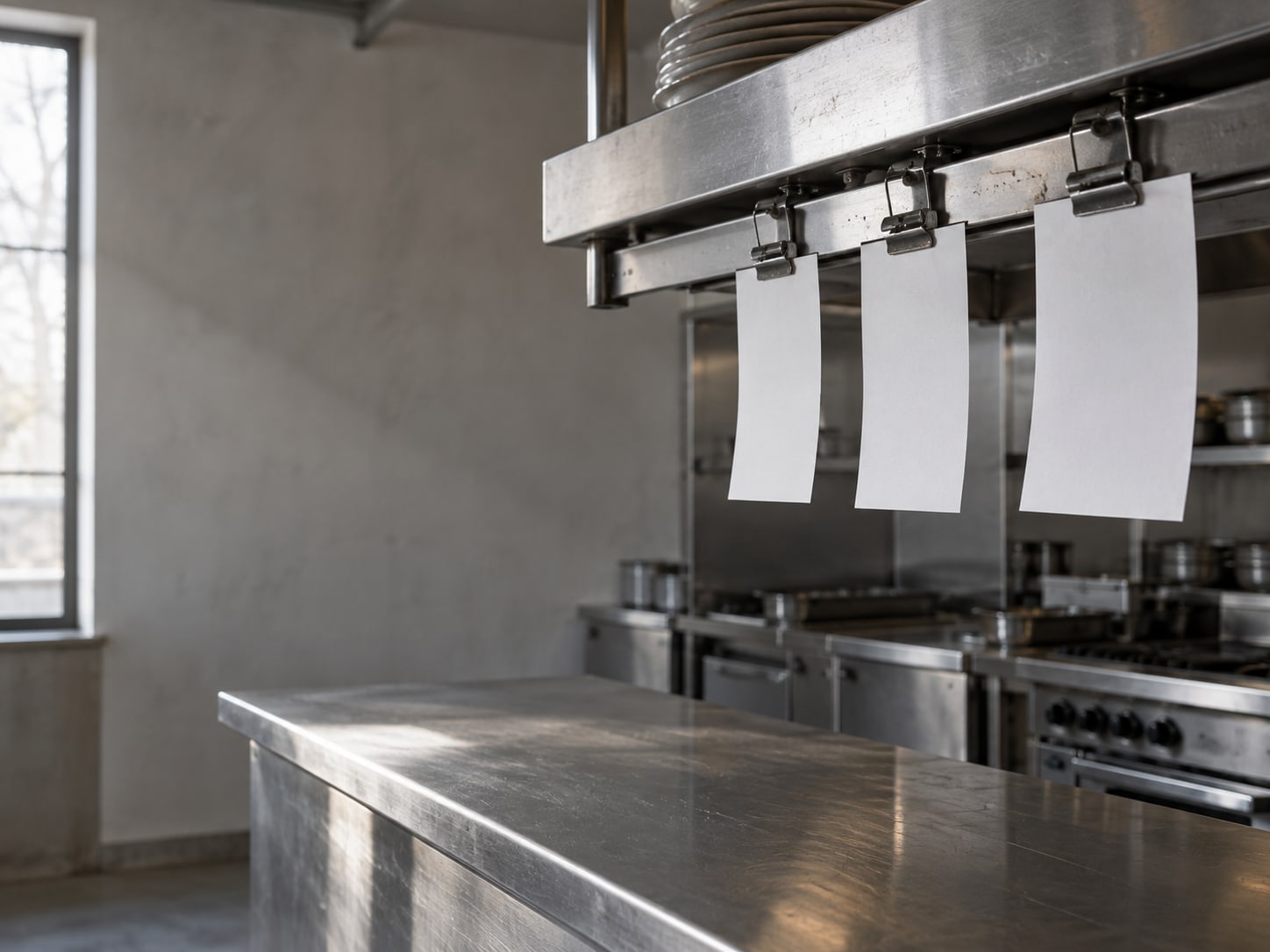 A metal ticket rail above a stainless steel pass with a few blank order slips clipped in, the kitchen empty and quiet after closing.