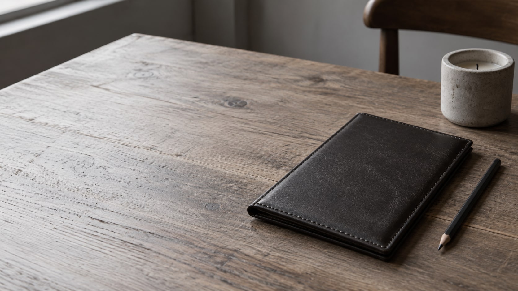 A closed leather check presenter and a pencil on a bare wooden restaurant table beside an unlit candle.