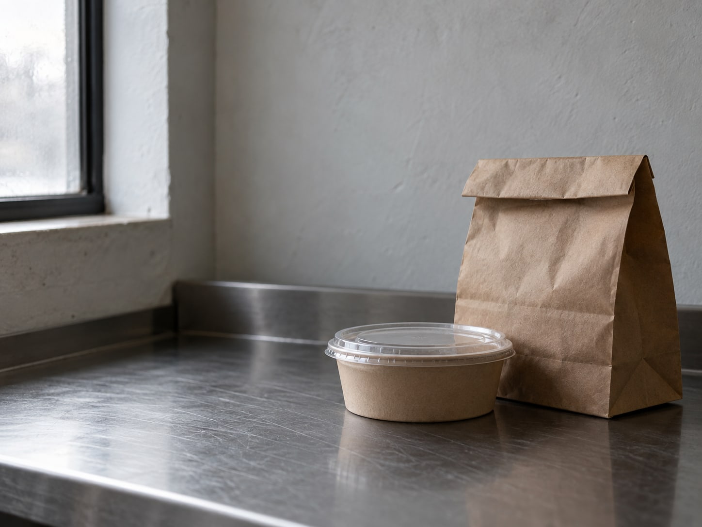 A folded takeout bag beside a plastic-lidded container on a steel counter, both closed and unmarked.