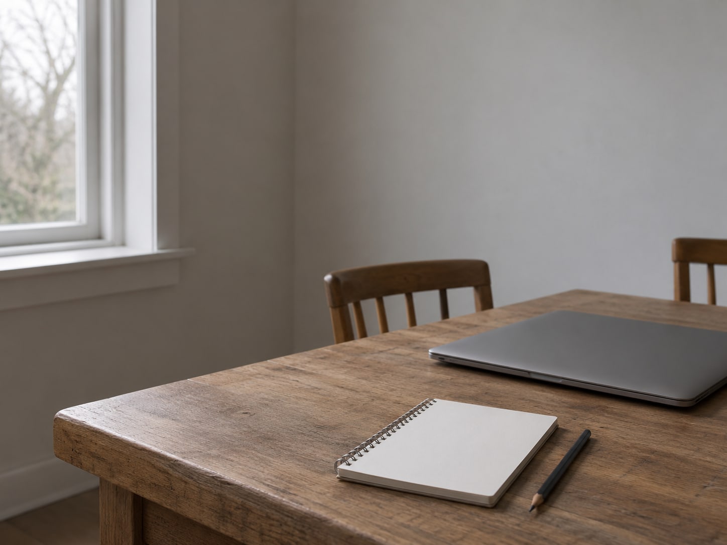 A blank notepad and a pencil beside a closed laptop on a corner table in an empty dining room.