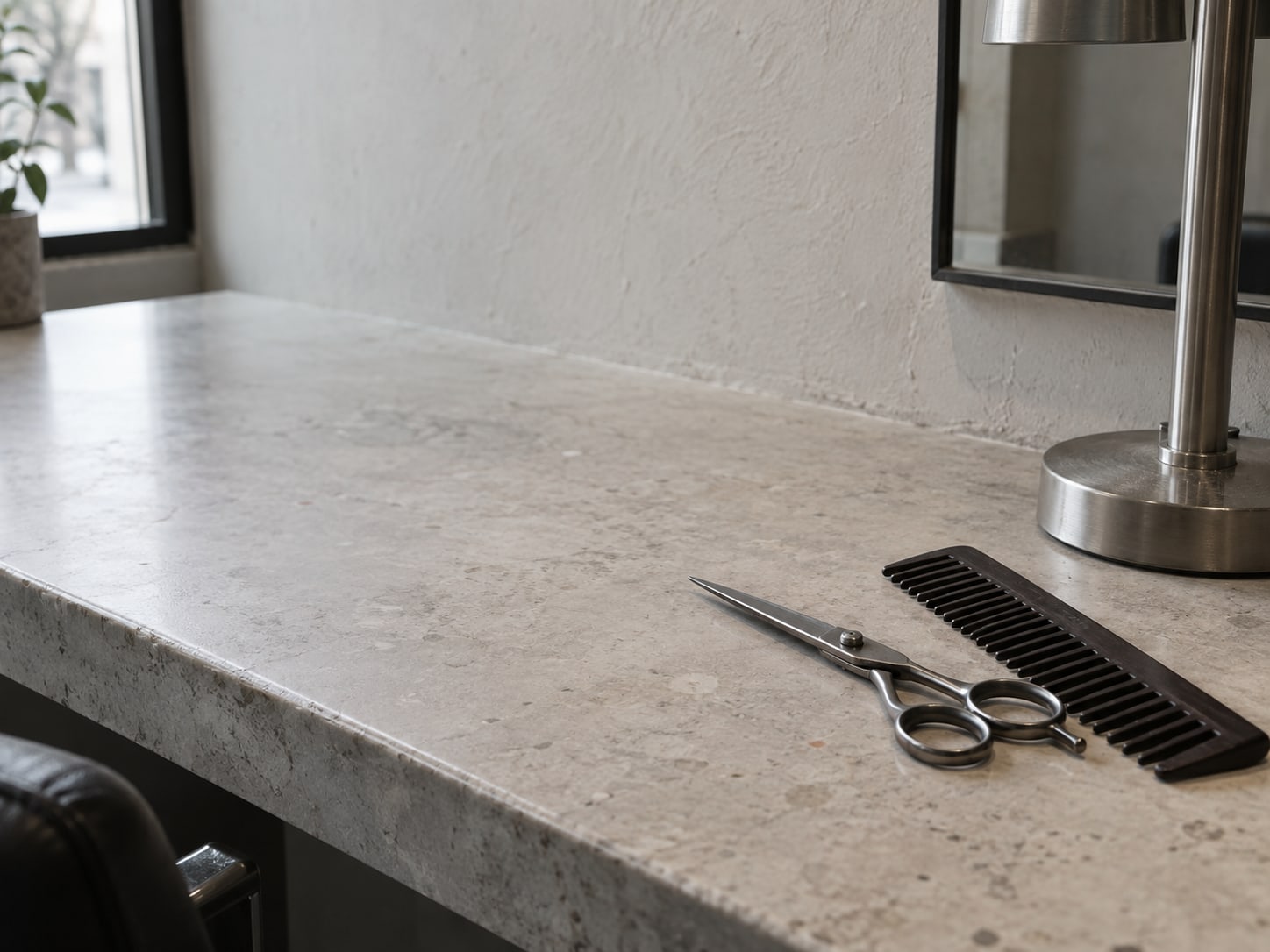 A pair of closed barber scissors and a wide-tooth comb resting on a clean styling station beside an unlit lamp after closing.