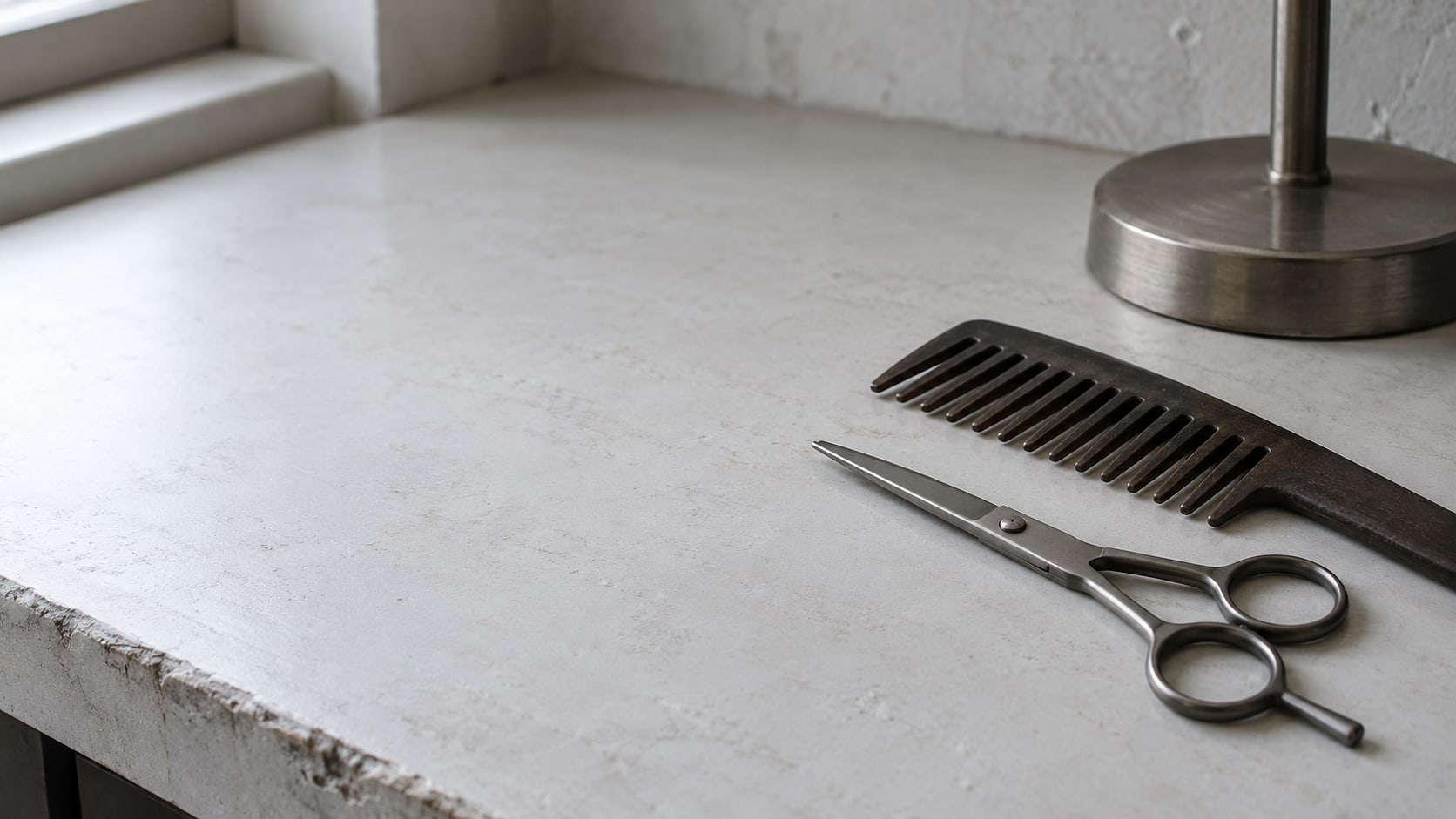 A pair of closed barber scissors and a wide-tooth comb on a clean styling station beside an unlit lamp.