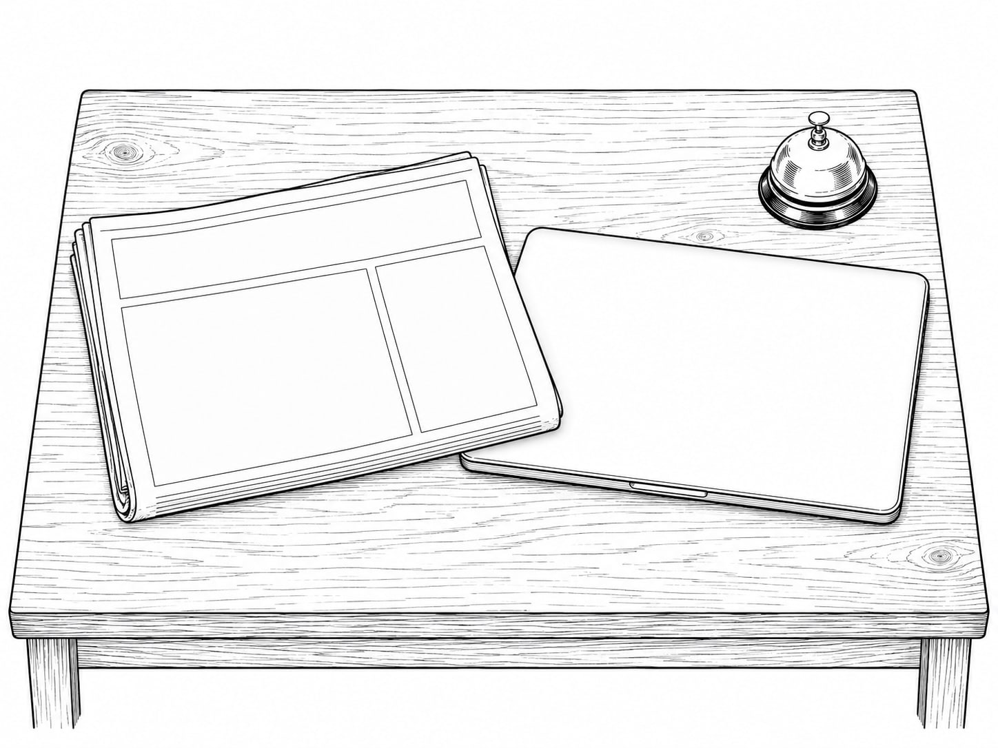A blank folded newspaper lying next to a closed laptop and a small brass desk bell on a wooden table.