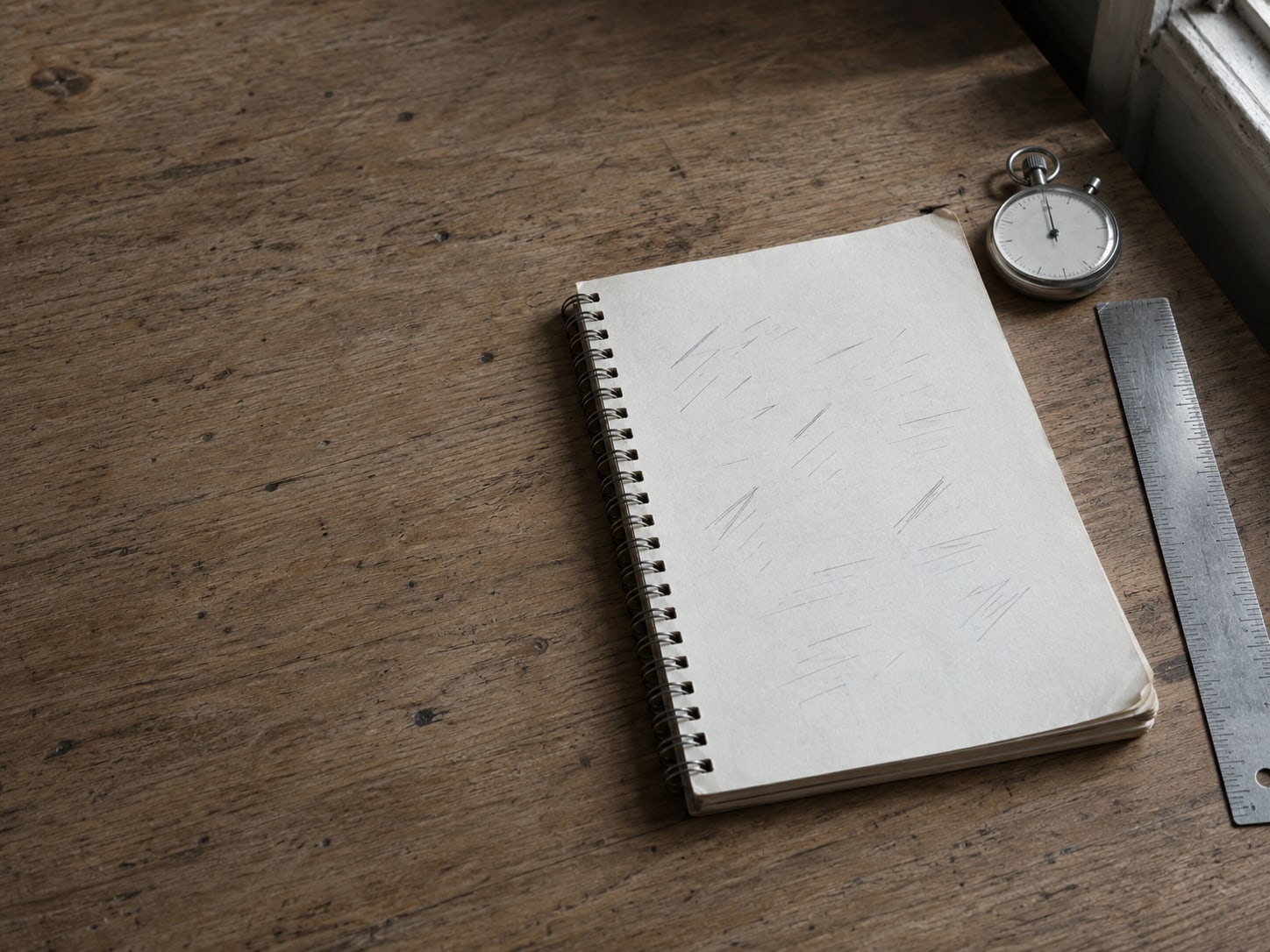 An open spiral notebook with pencil marks down the page next to a stopwatch and a ruler on a desk.