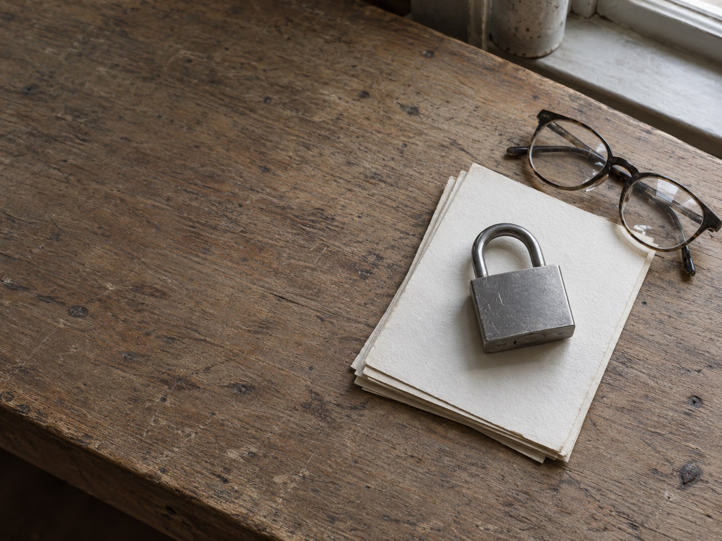 A closed padlock resting on a stack of blank paper beside a pair of reading glasses on a wooden desk.
