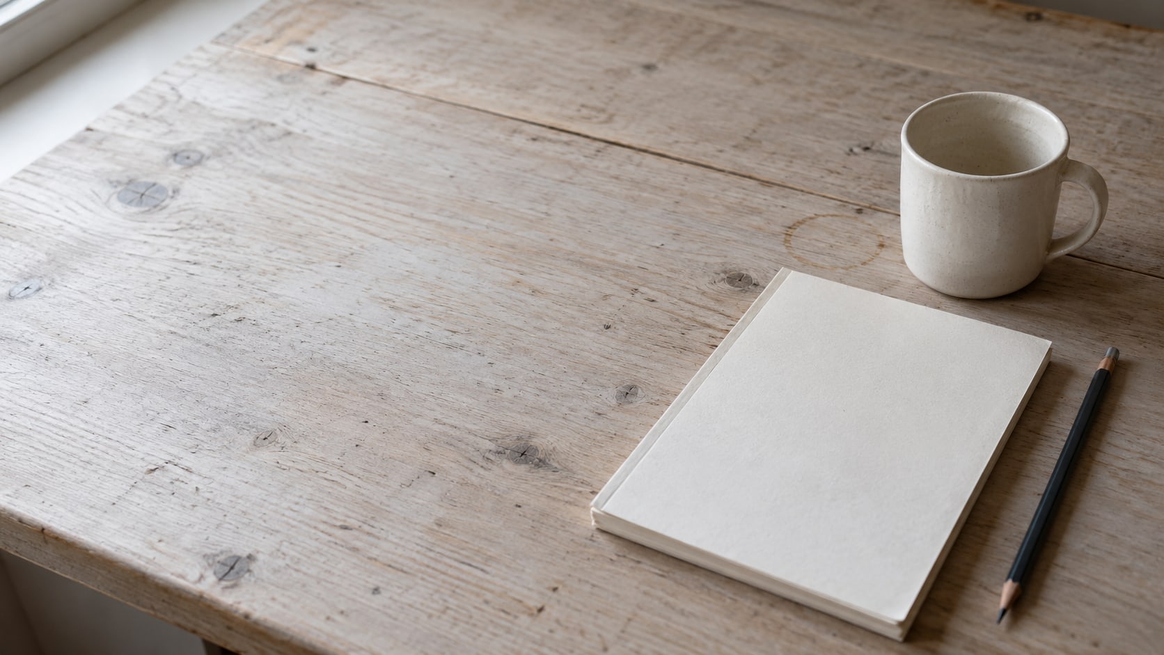 Un bloc de notas en blanco y un lápiz sobre un escritorio de madera clara, junto a una pequeña taza de cerámica.