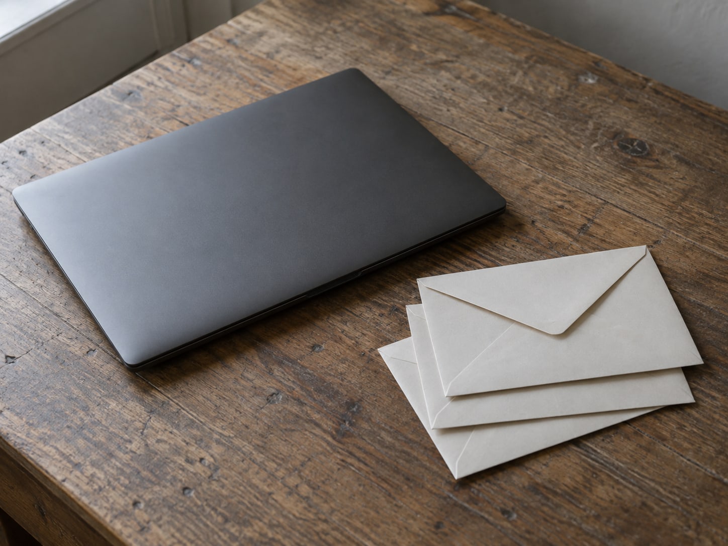 A closed laptop beside a small stack of unopened envelopes on a worn wooden desk.