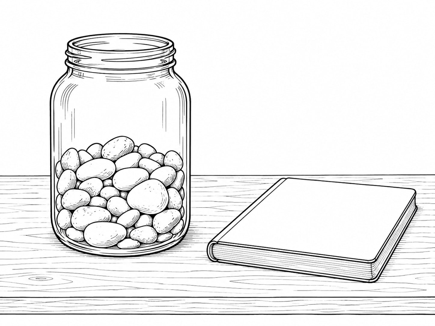 A glass jar partly filled with small smooth stones beside a closed notebook on a kitchen table.