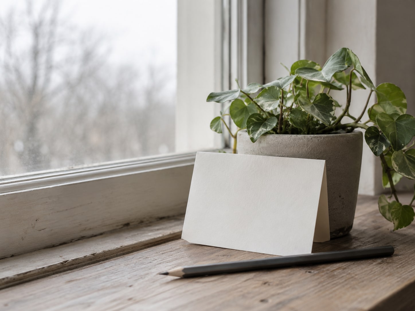 A folded paper note leaning against a small potted plant on a windowsill, with a pencil lying beside it.