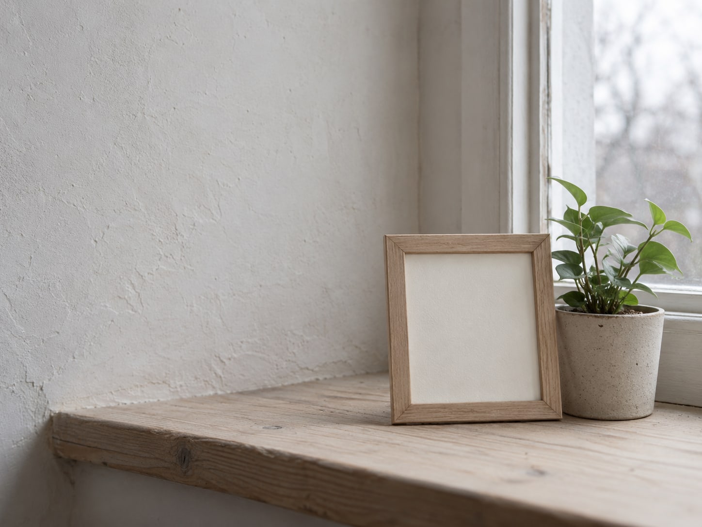 A framed blank card and a small potted plant on a clean windowsill in soft daylight.