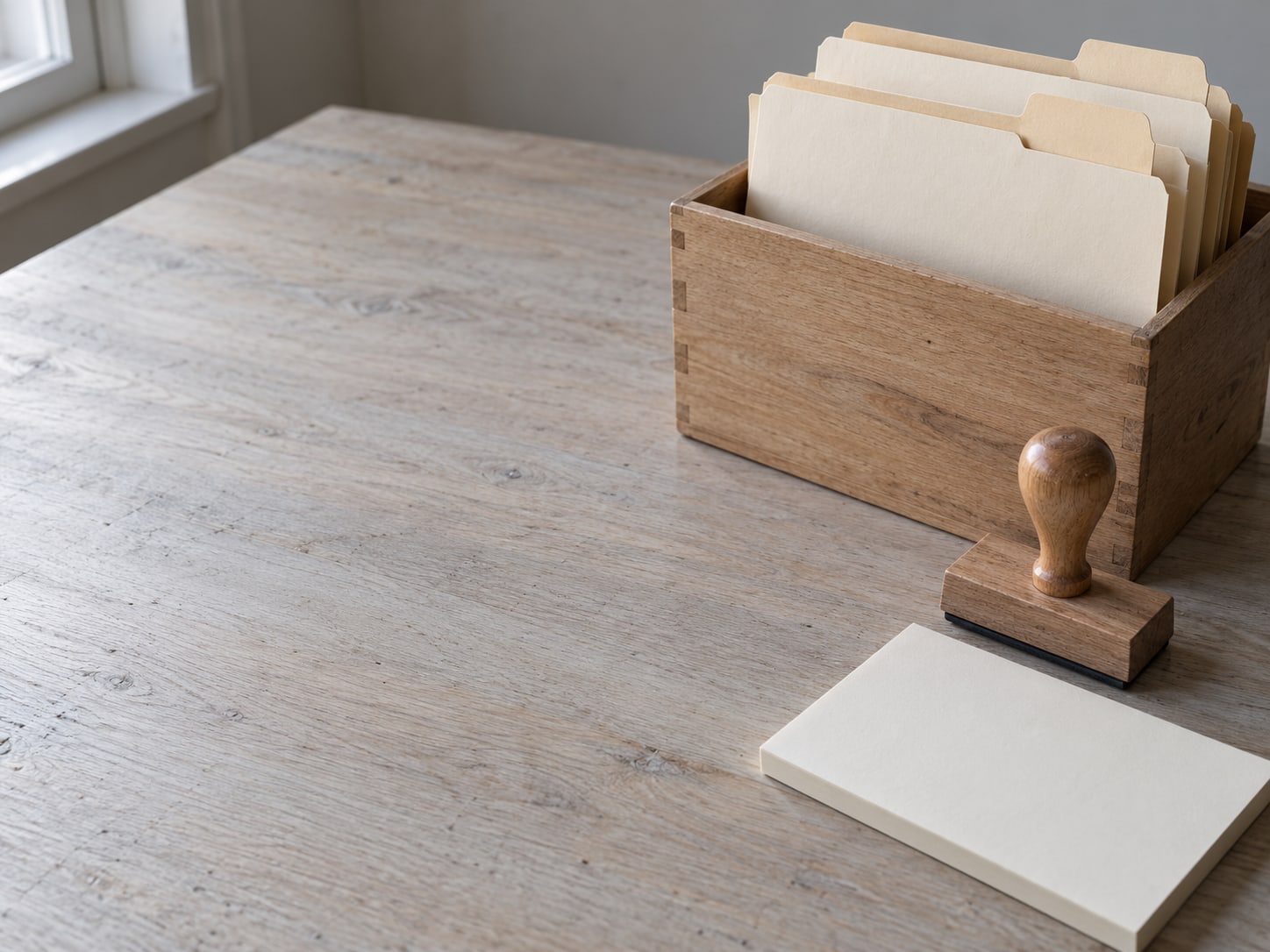 A small wooden file box with blank folders and a rubber stamp resting on a clean desk beside a notepad.