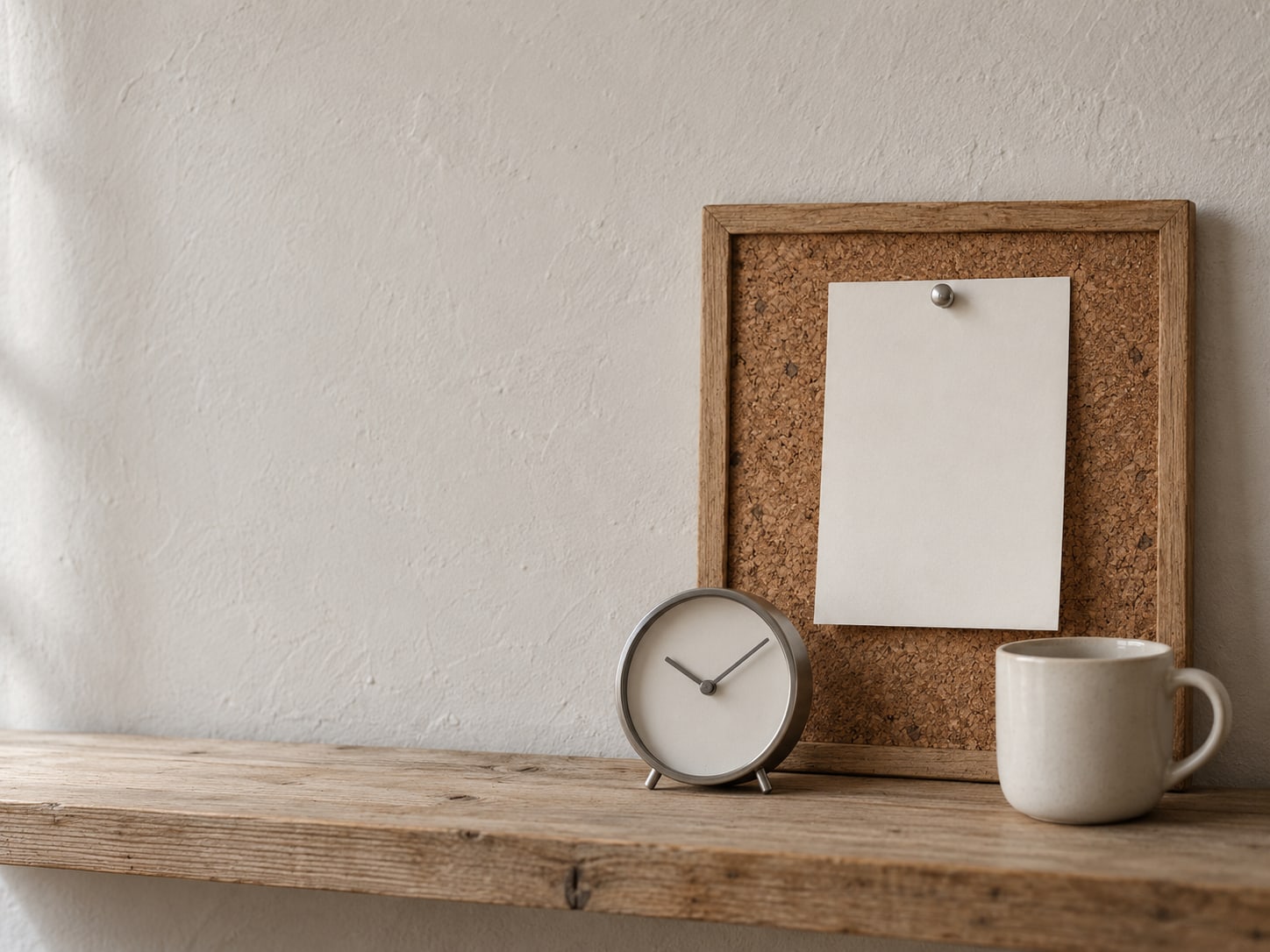 A single sheet of blank paper pinned to a corkboard beside a small clock and an empty coffee cup on a shelf.