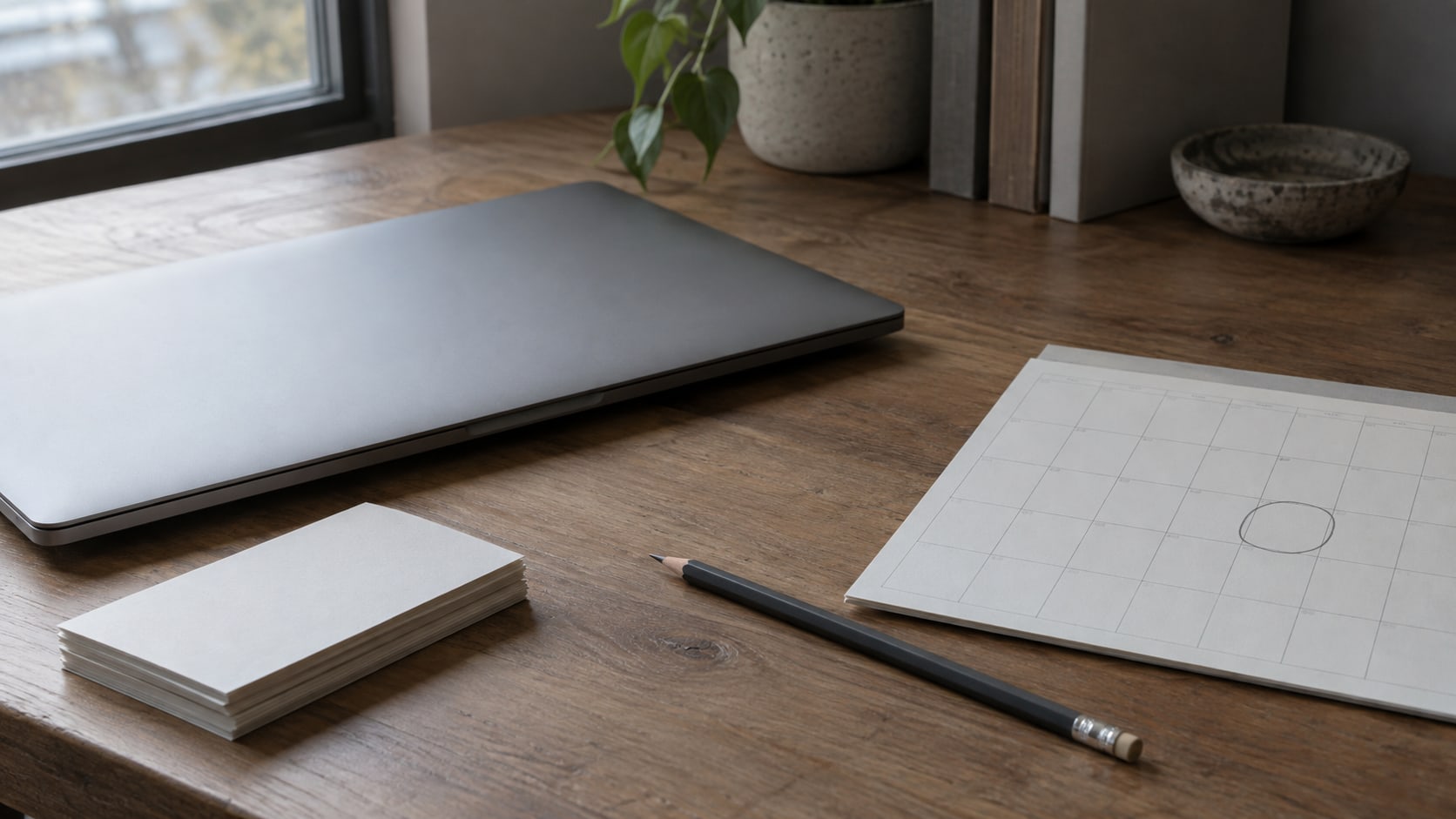 A closed laptop on a wooden desk beside a small stack of blank index cards, a pencil and a paper calendar with one date circled.