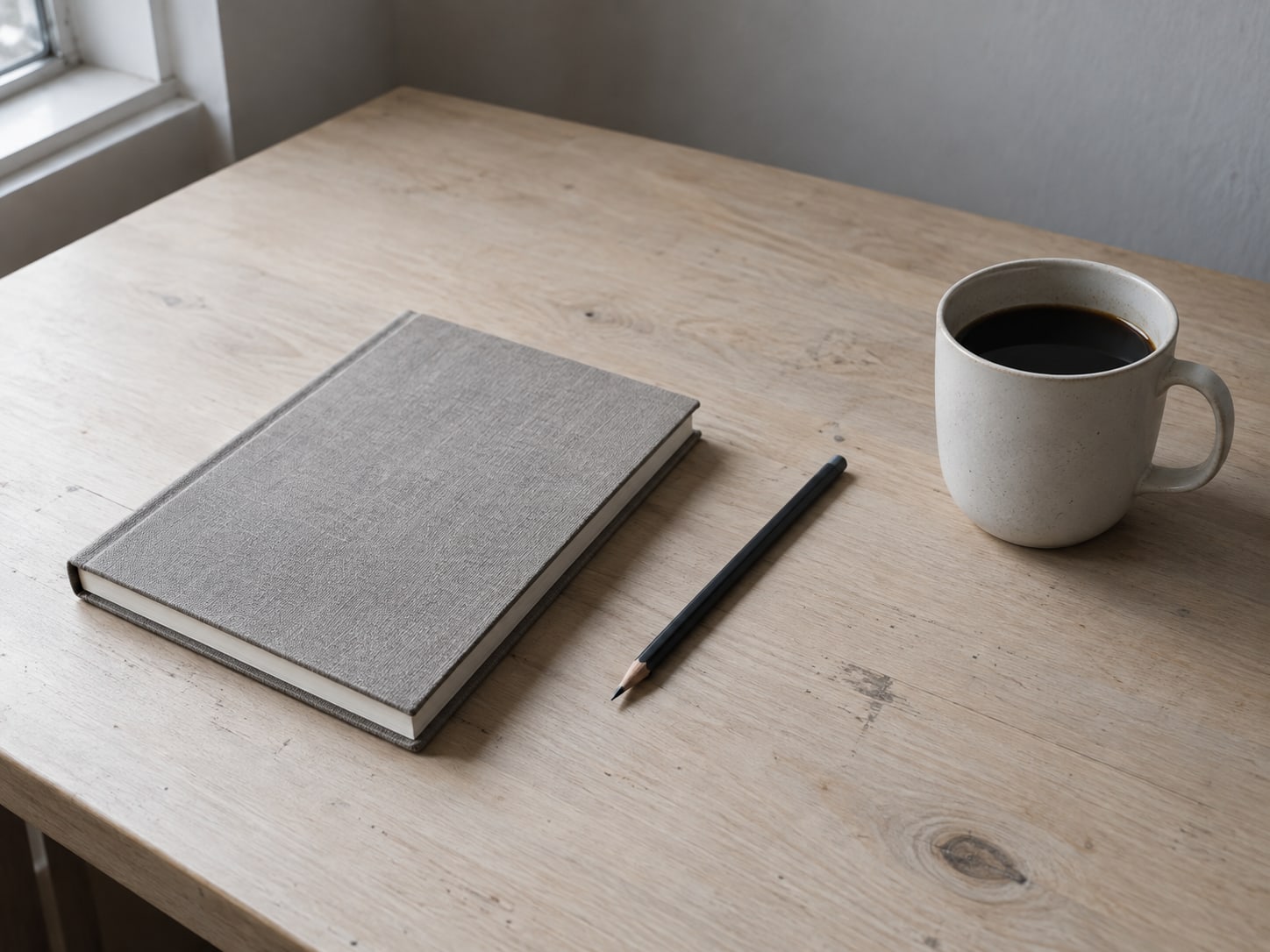 A neat desk with a single closed notebook, a pencil and a cup of coffee in soft morning light.
