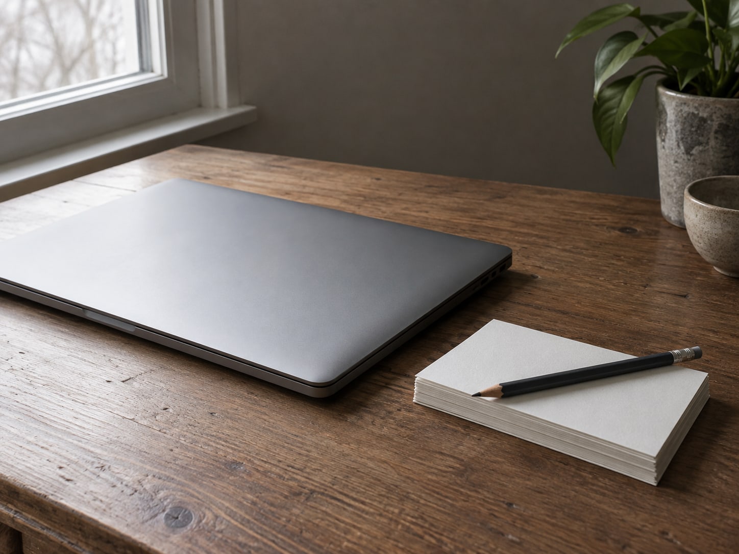 A closed laptop on a wooden desk beside a stack of blank index cards and a pencil laid across them.