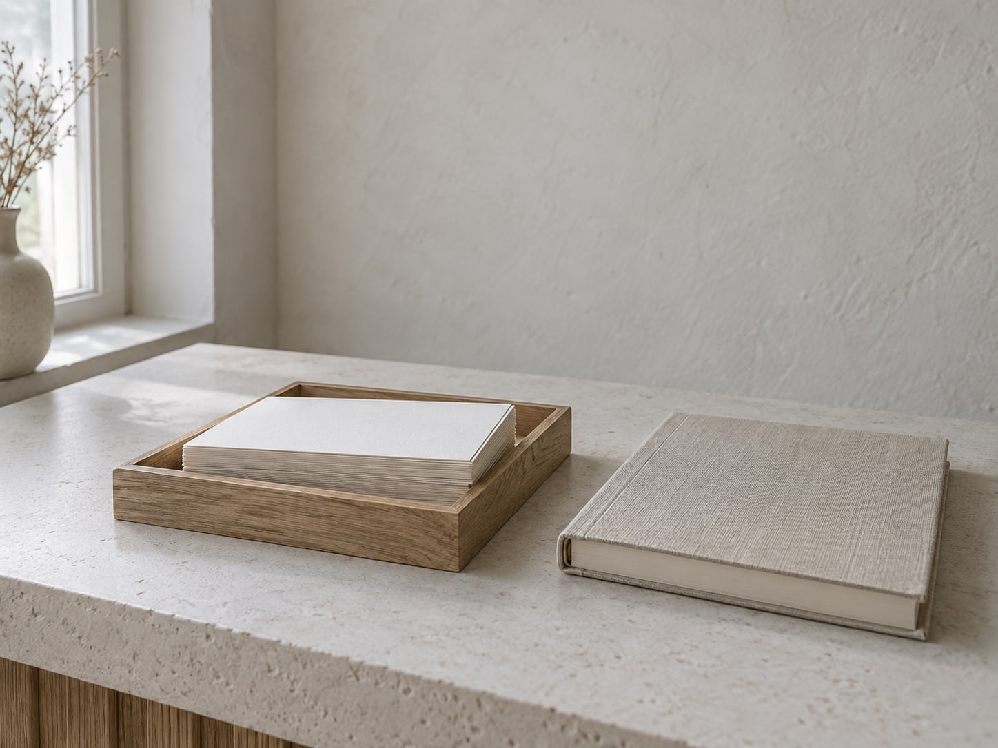 A small wooden tray holding a neat stack of blank thank-you cards next to a closed notebook on a counter.